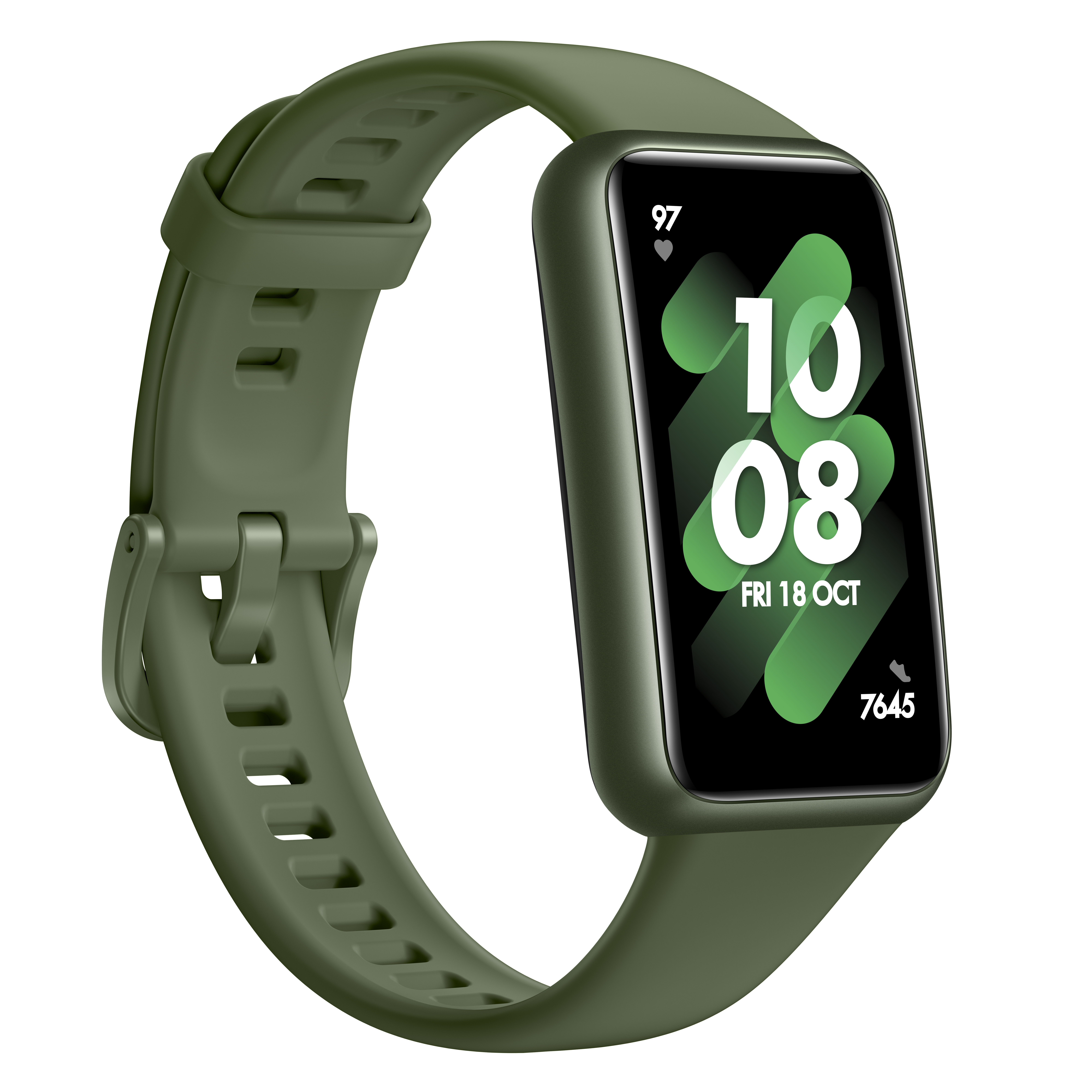 Eine grüne Smartwatch, die Zeit und Datum auf dem Bildschirm anzeigt. Die Uhr hat ein grünes Armband.