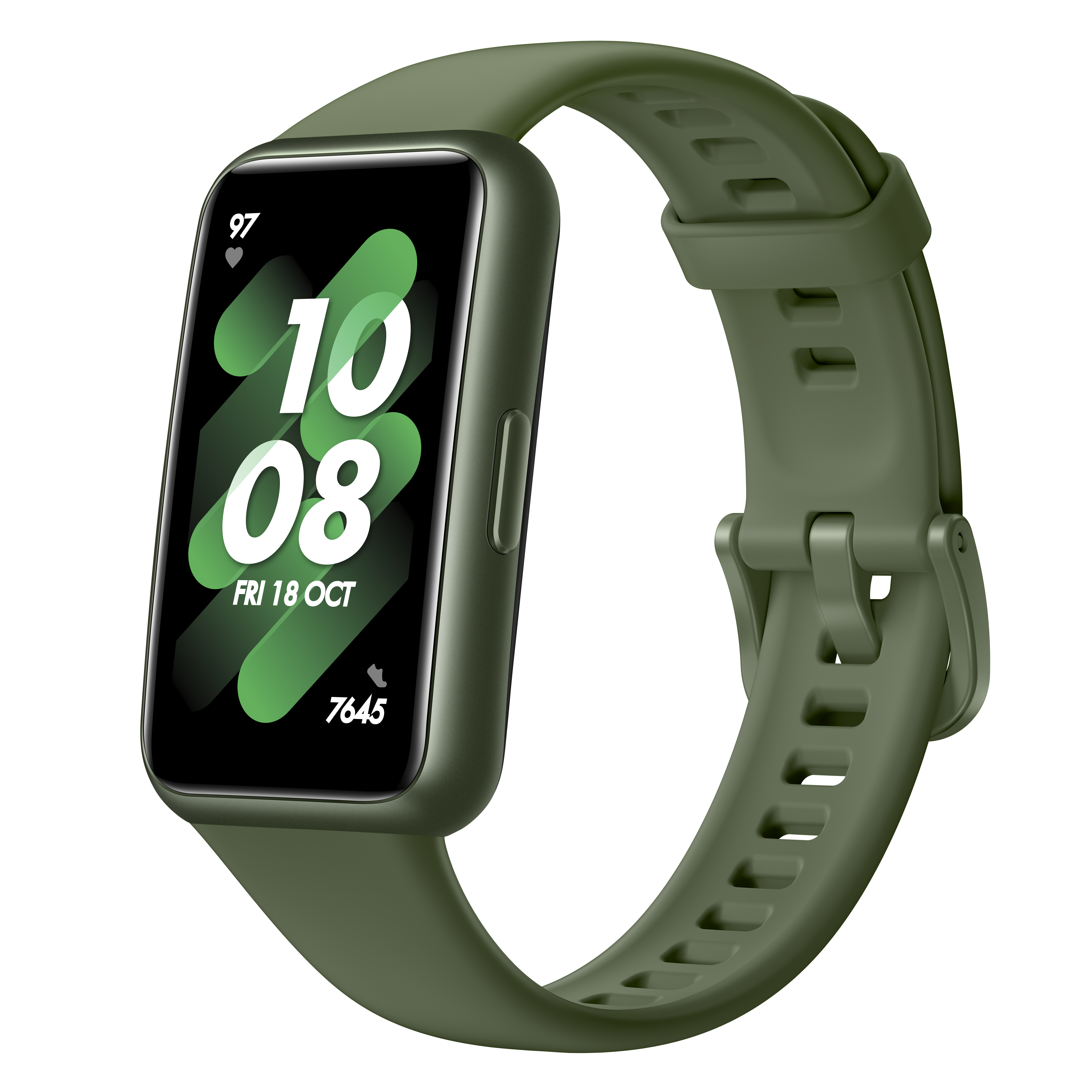 Grüne Smartwatch auf weißem Hintergrund. Das Display zeigt Zeit, Datum und Daten.