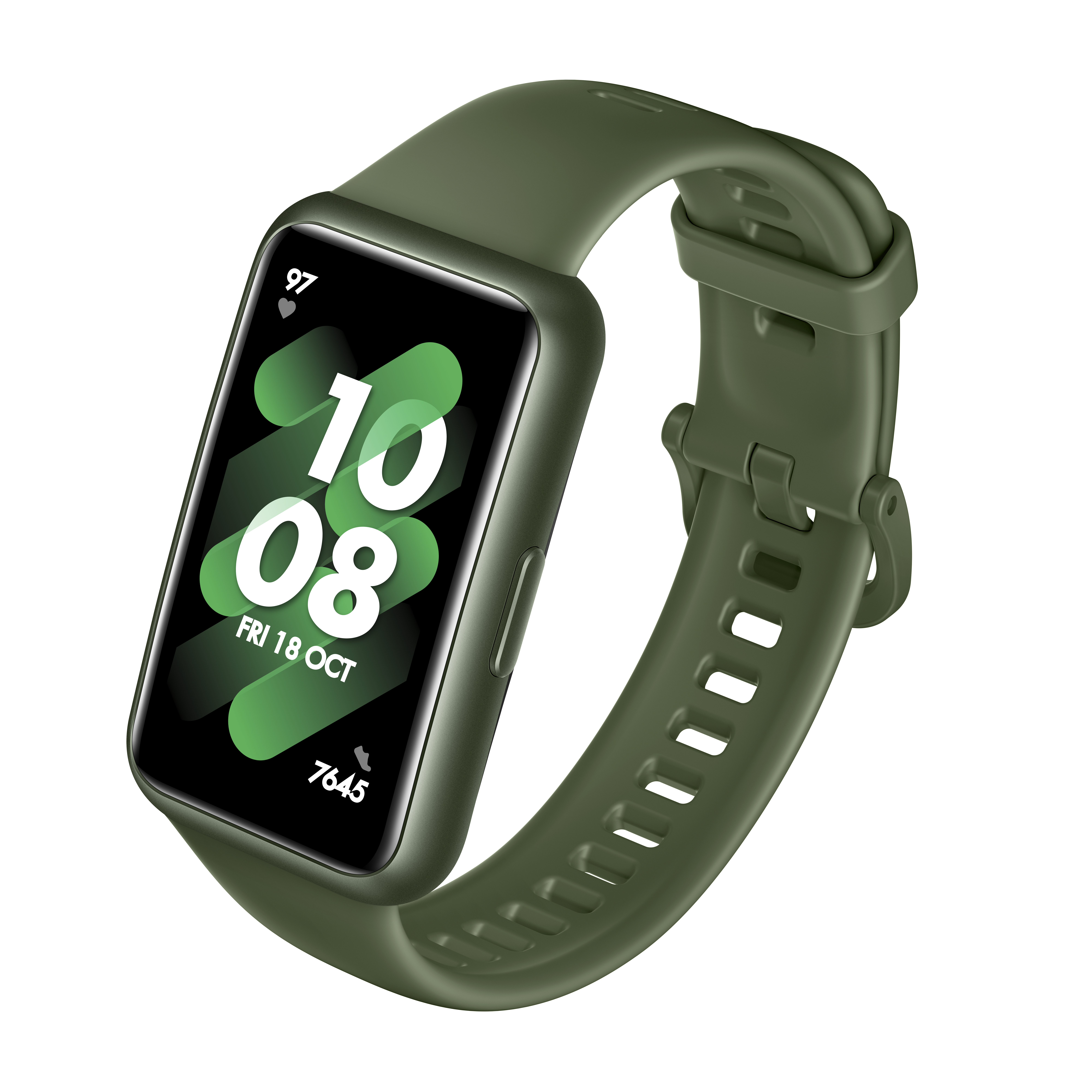 Eine grüne Smartwatch zeigt Datum und Uhrzeit mit grünem Armband vor weißem Hintergrund.