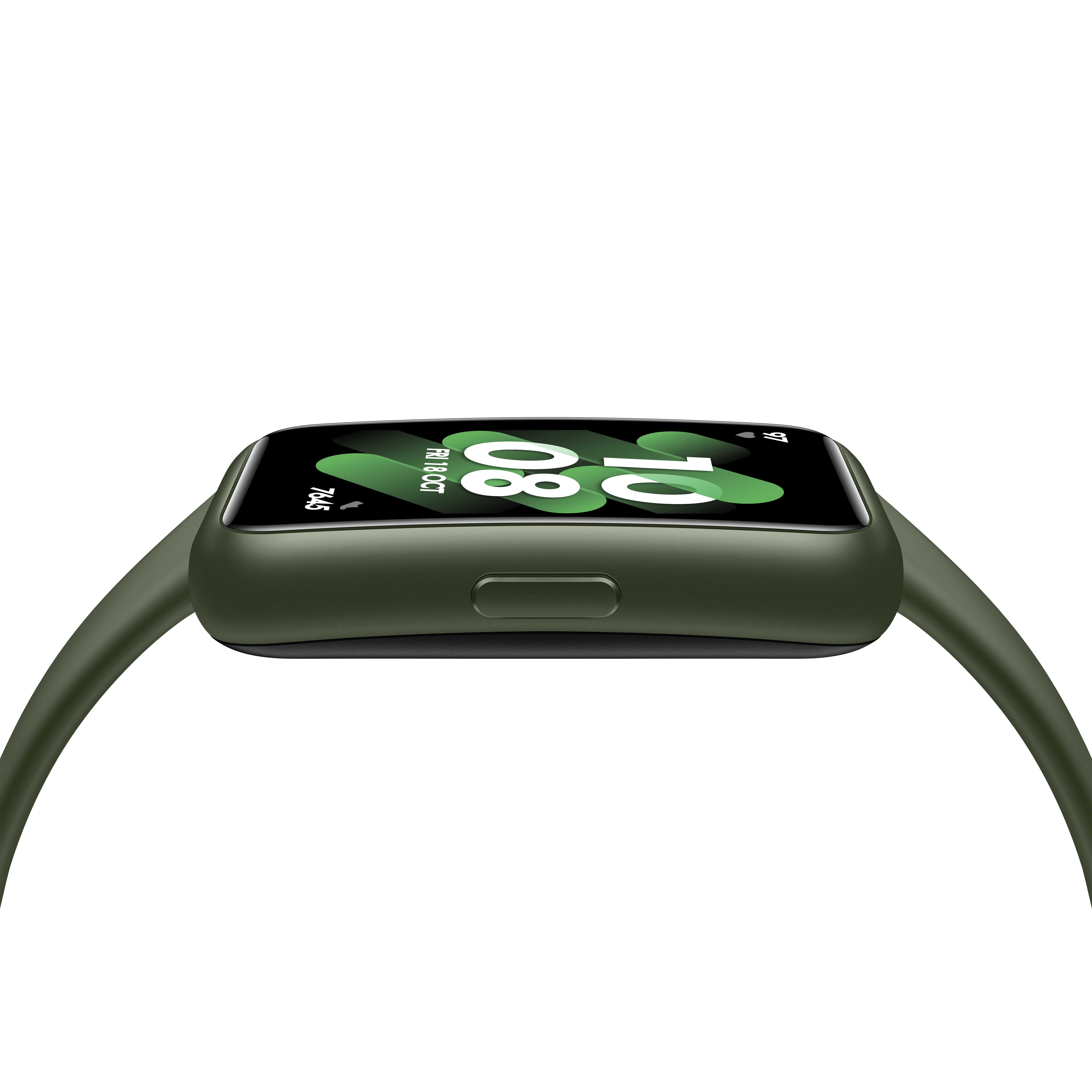 Grüne Smartwatch mit Anzeige von Uhrzeit und Datum.