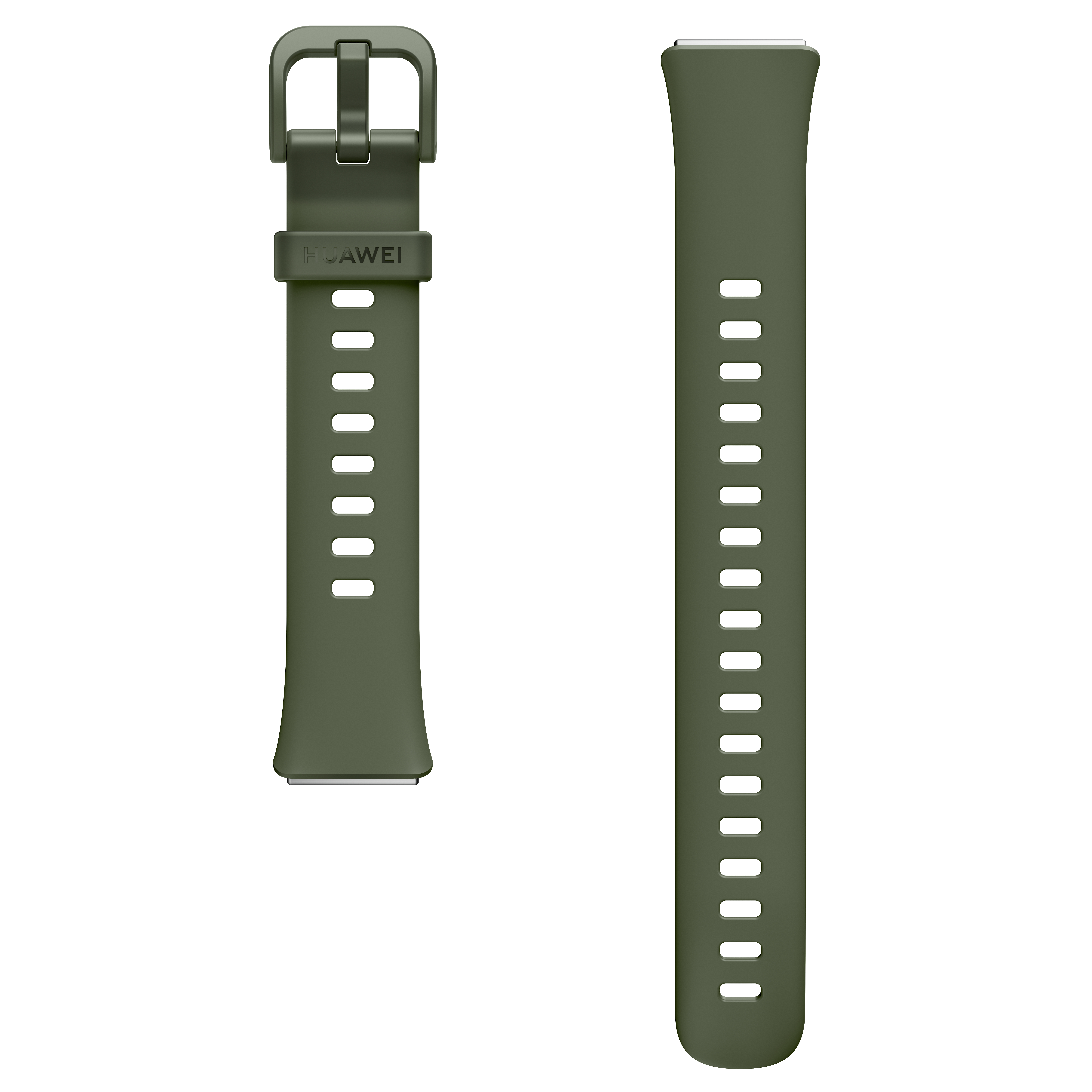 Grünes Huawei-Smartwatch-Armband mit Schnalle und zweites Armband mit Löchern.