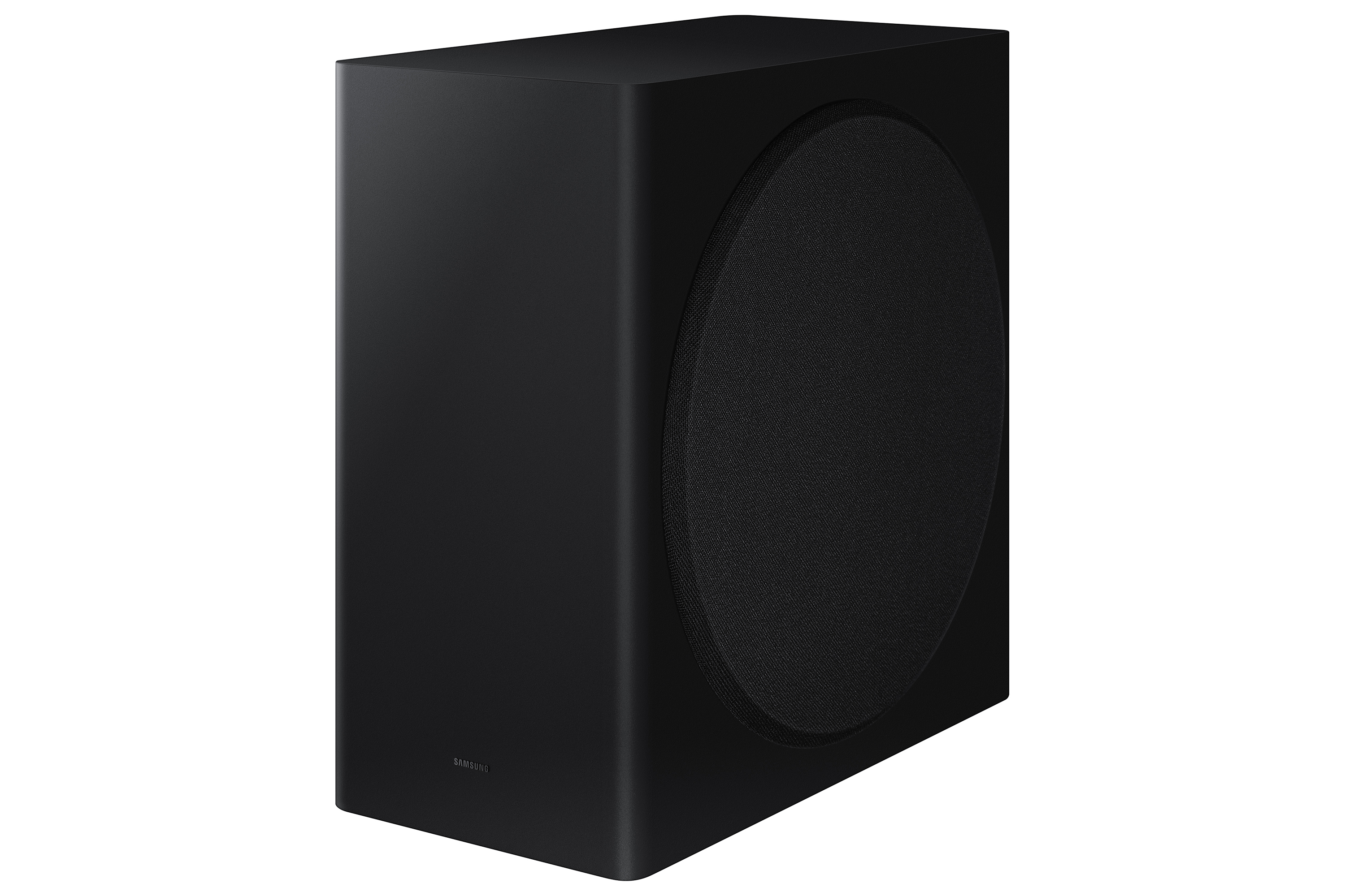 Un subwoofer negro sobre un fondo negro, con un altavoz redondo en el lateral.