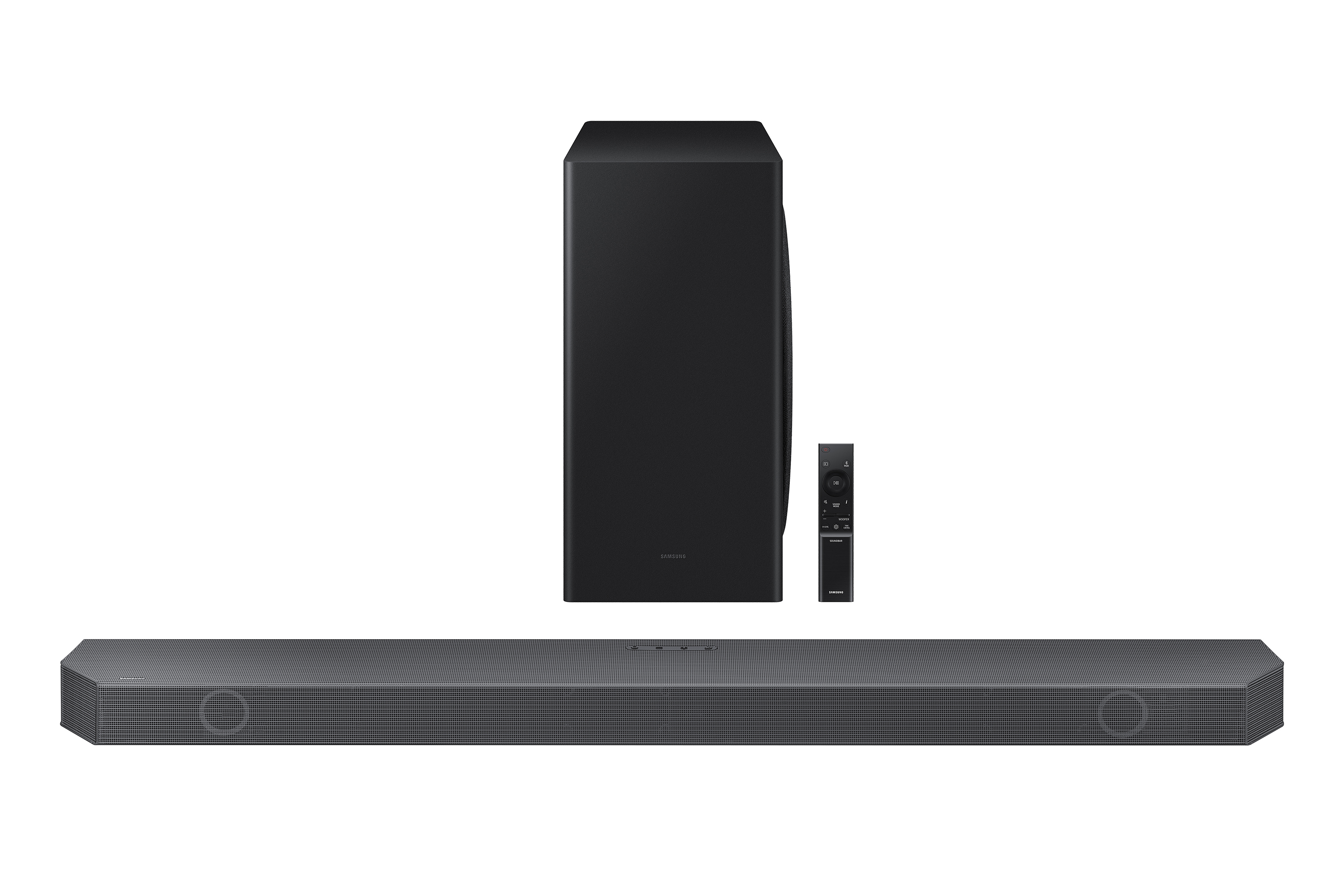 Sistema de sonido negro con barra de sonido, subwoofer y mando a distancia.