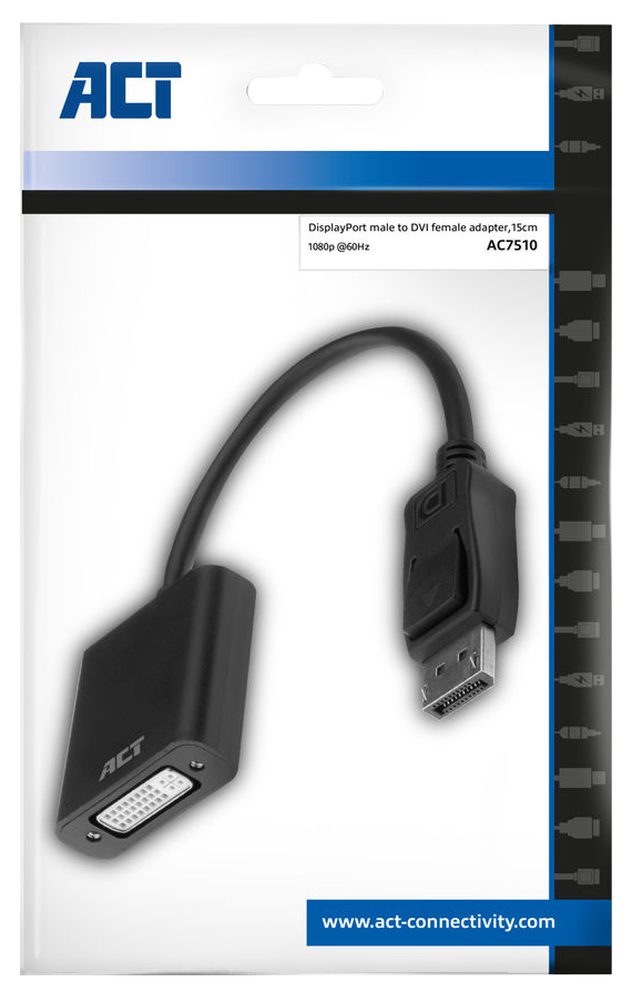 Fekete DisplayPort-DVI adapter fehér háttérrel, fekete-fehér dobozban.