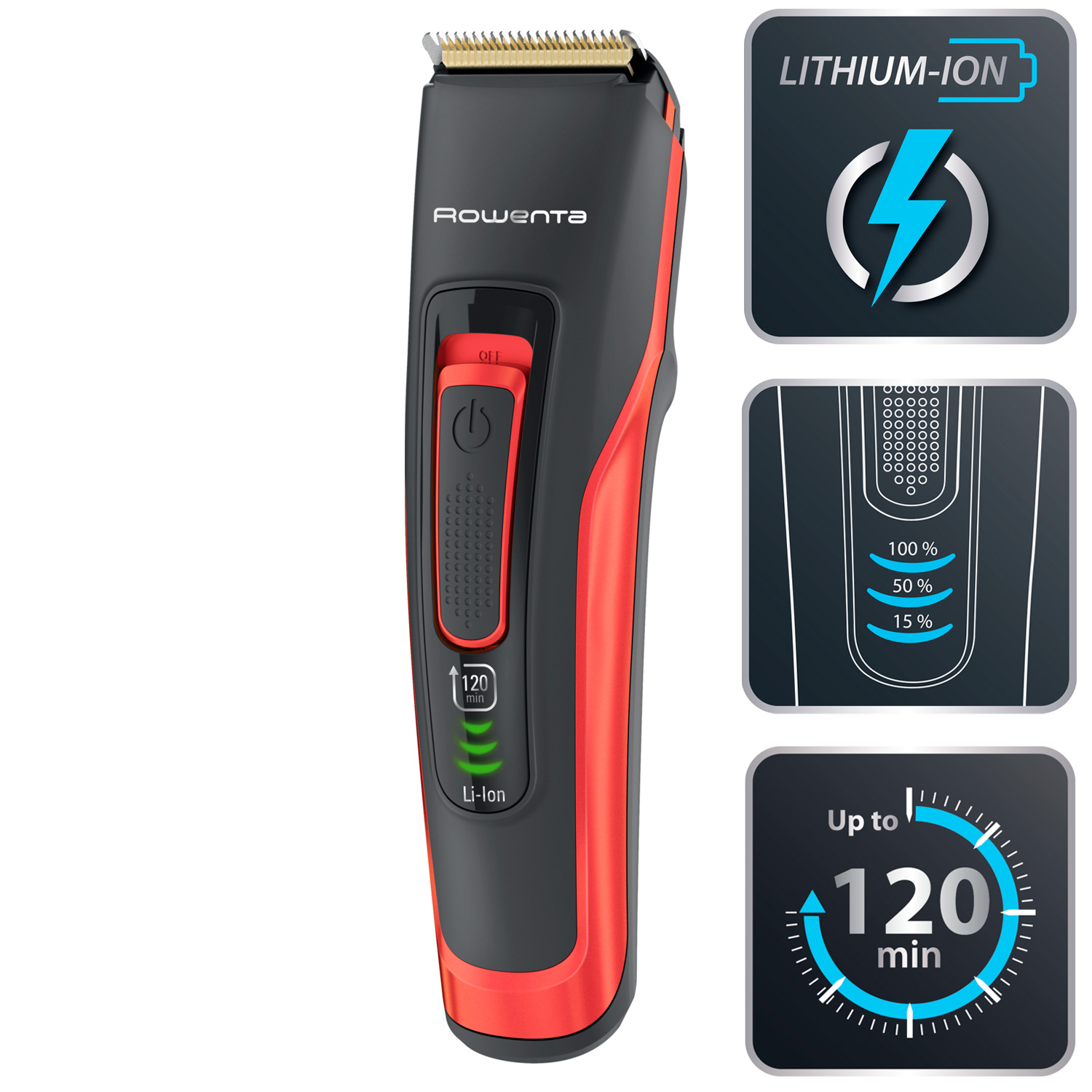 Cortapelos eléctrico negro y rojo con indicadores de batería y tiempo de uso.