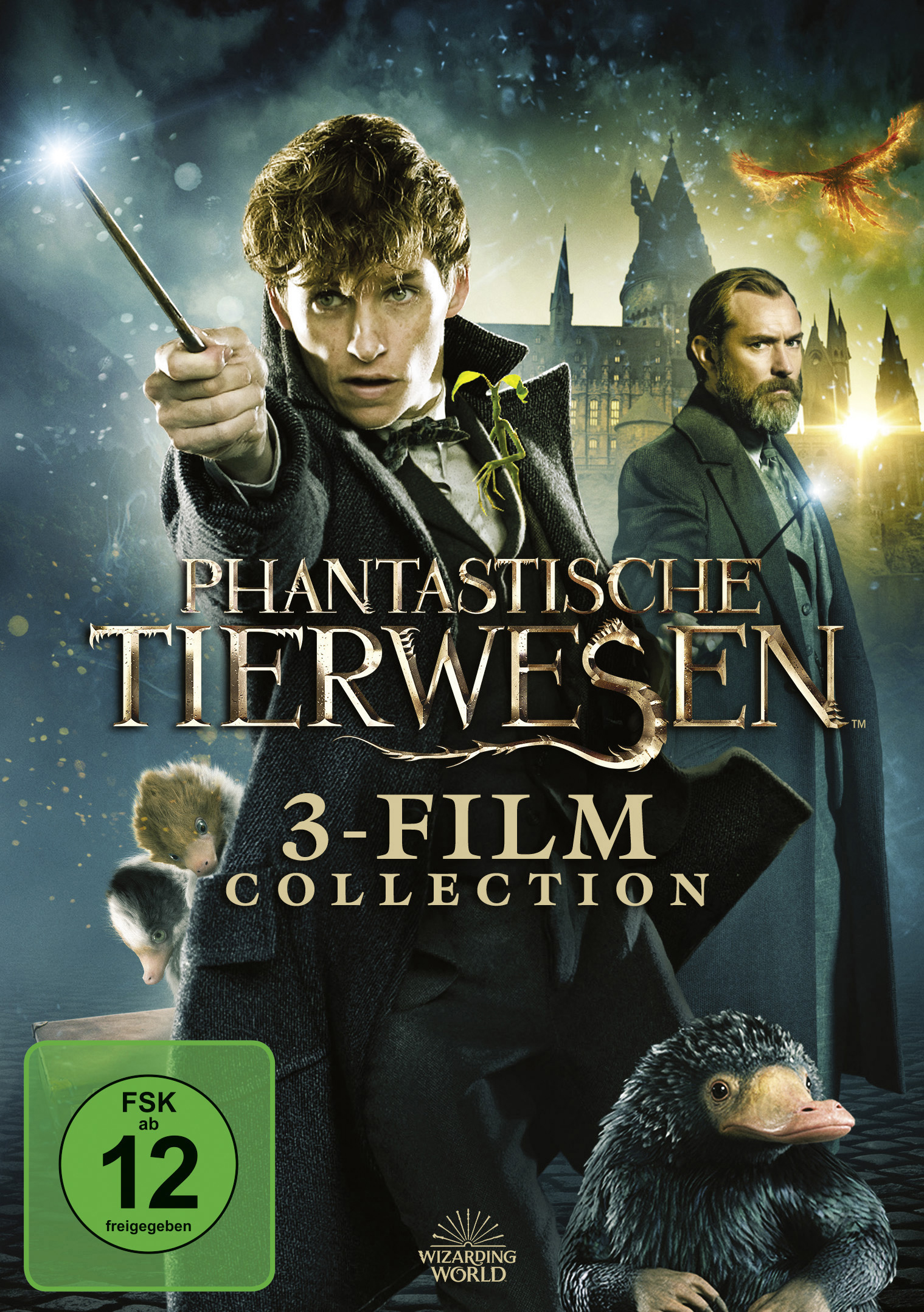 DVD-Cover mit 'Phantastische Tierwesen'-Schauspielern. Der Titel ist auf Deutsch. Mit grünem FSK-Logo.