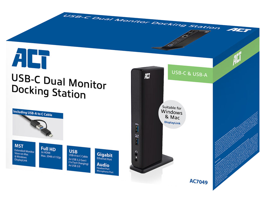 Egy USB-C kettős monitor dokkolóállomás doboza, a dokkolóállomással és a kábellel együtt.