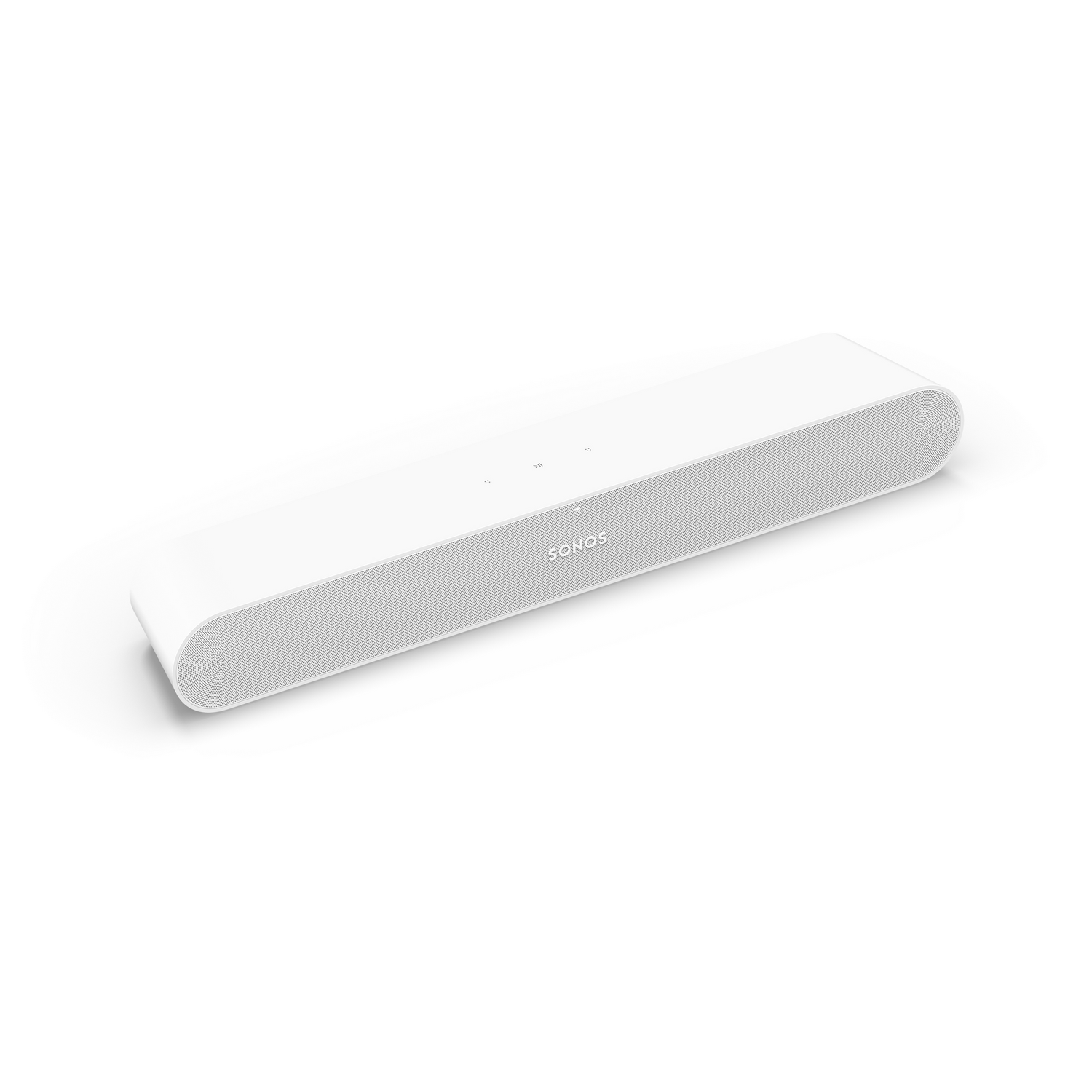 Una barra de sonido Sonos blanca sobre una superficie blanca. Es un altavoz largo y rectangular con bordes redondeados.
