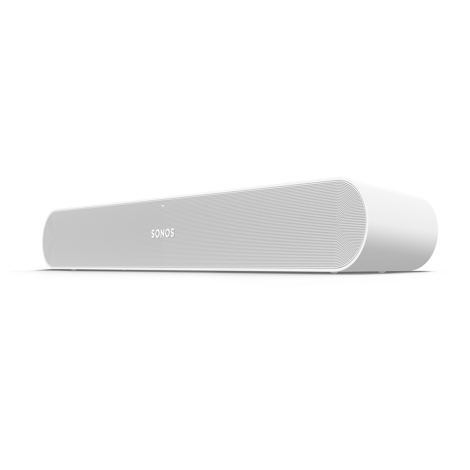 Una barra de sonido Sonos blanca con frente perforado, aislada sobre fondo blanco, vista lateral.