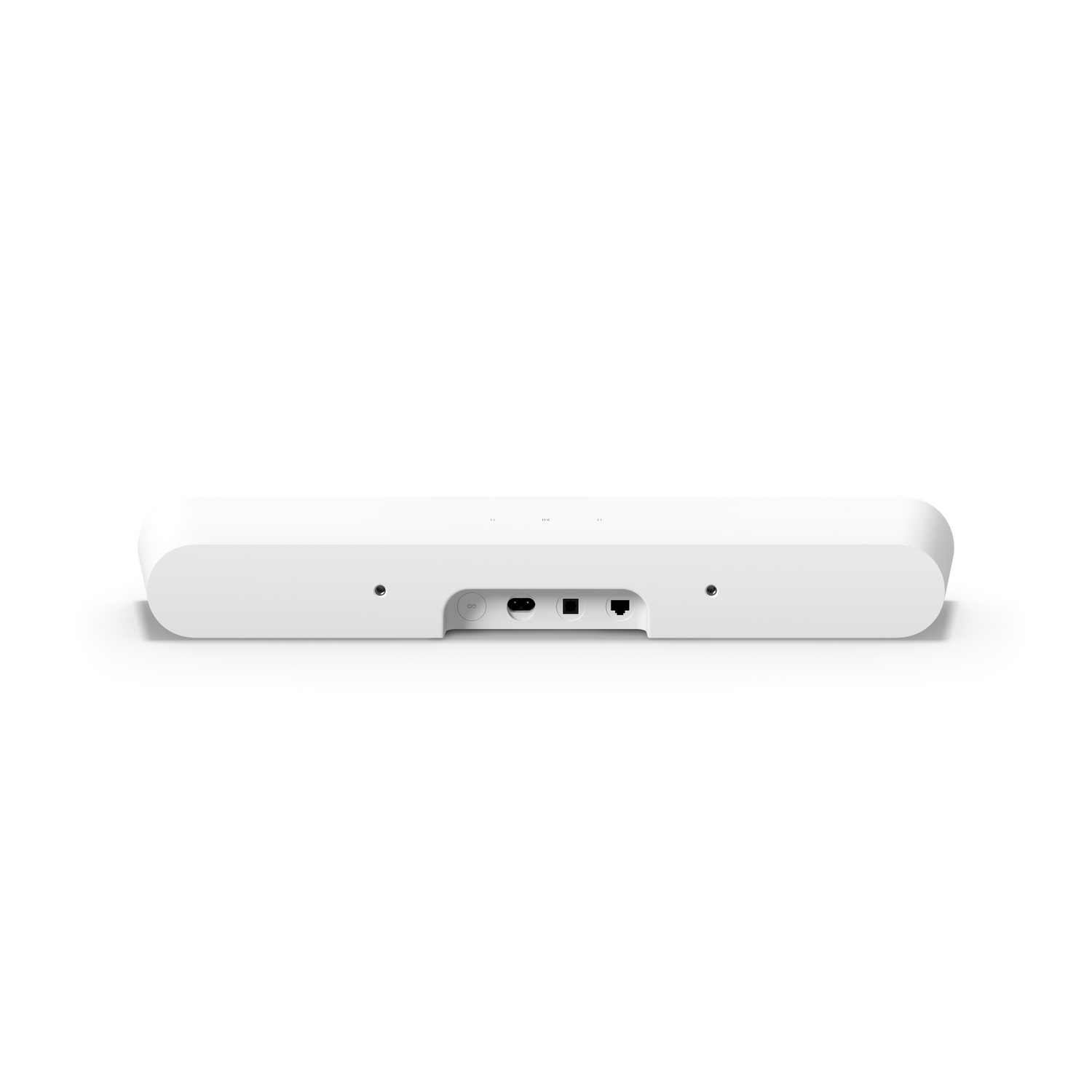 Vista trasera de una barra de sonido blanca con puertos y conexiones sobre fondo blanco.