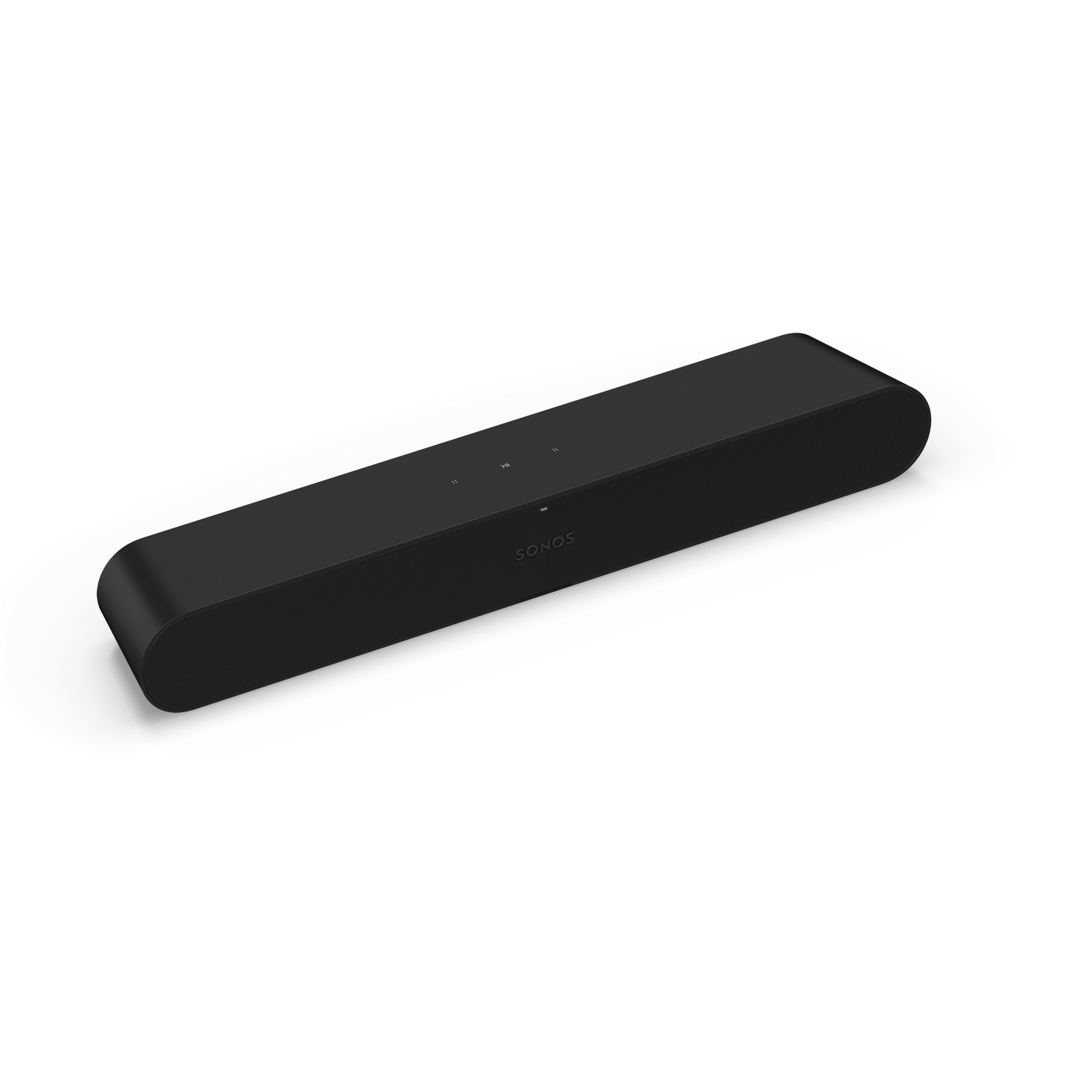Barra de sonido Sonos negra sobre superficie blanca, diseño simple.