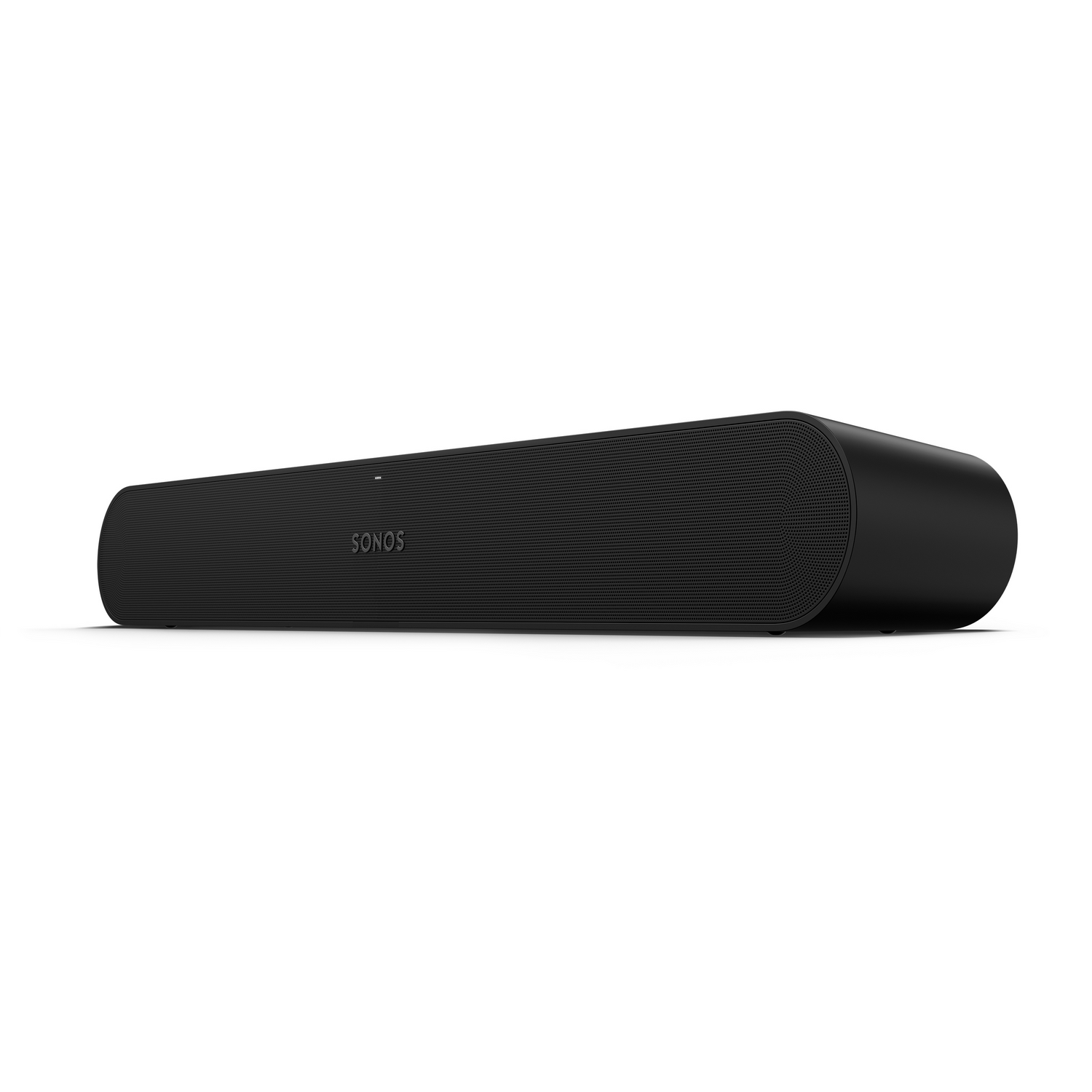 Barra de sonido Sonos negra sobre fondo blanco con el nombre Sonos.