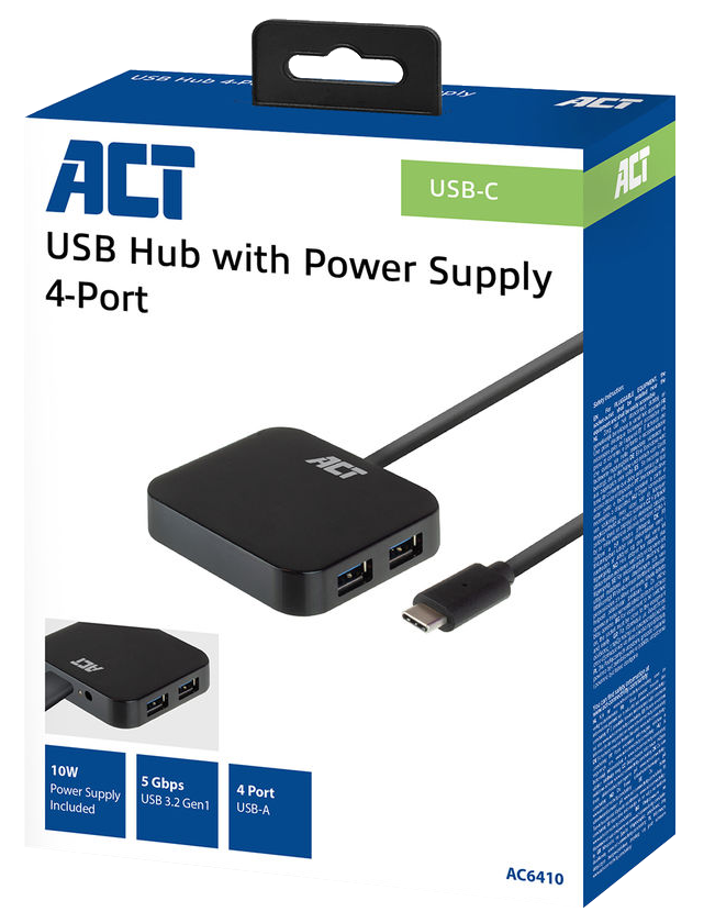 ACT Aktív USB HUB, 4xUSB-A port, Type-C bemenet, tápegység (AC6410 ...