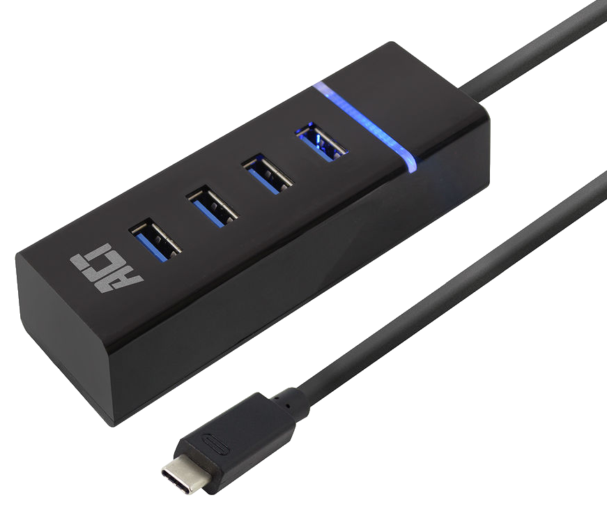 Fekete USB hub négy USB porttal és USB-C kábellel.