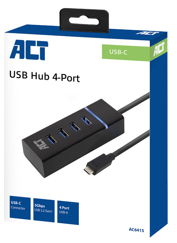Egy USB hub 4 portos a dobozában, USB-C csatlakozóval és USB 3.2 Gen 1 portokkal.