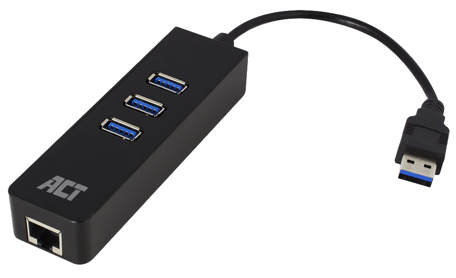 ACT USB HUB, 3xUSB-A port, 3.2 Gen1, RJ45 Gigabit LAN adapter, fekete (AC6310 )