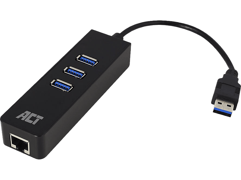 ACT USB HUB, 3xUSB-A port, 3.2 Gen1, RJ45 Gigabit LAN adapter, fekete (AC6310 )