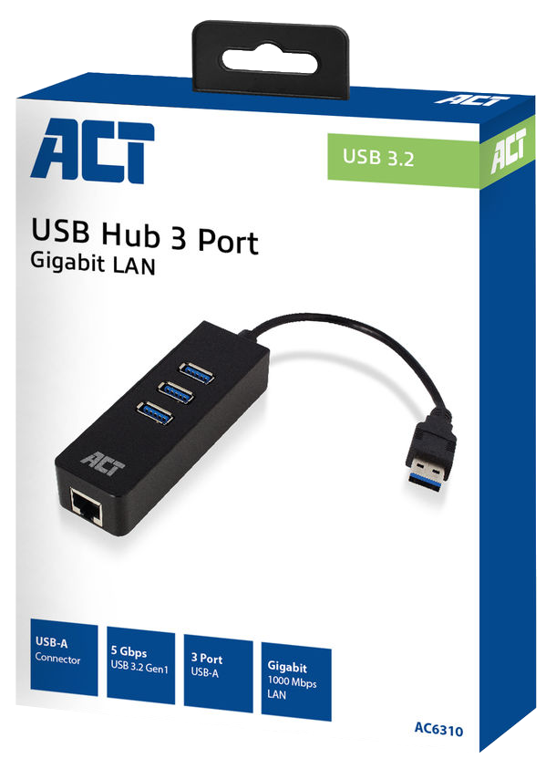 USB hub doboza. Fekete hub belül, USB-A csatlakozó és Gigabit LAN funkciók.