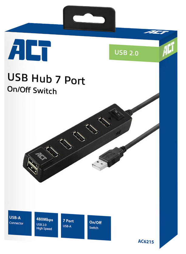 Egy USB hub hét porttal és be/ki kapcsolóval, egy fehér és kék dobozban.