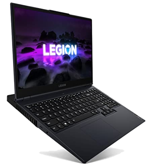 Laptop Legion negro con el logo Legion en pantalla, en ángulo, sobre fondo blanco.