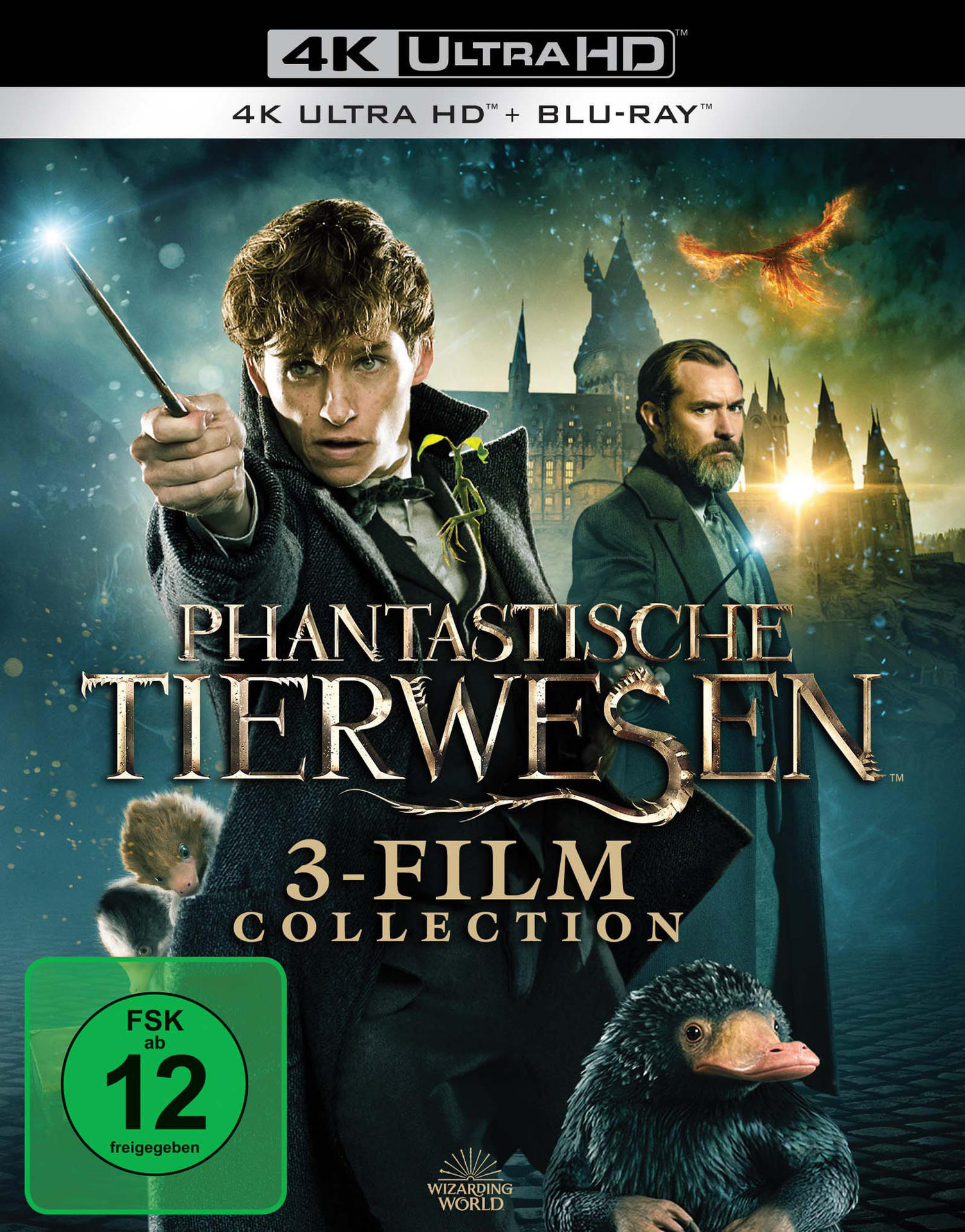 Ein Filmcover. Der Titel lautet 'Phantastische Tierwesen 3-Film Collection', mit Schauspielern und einem Tier.