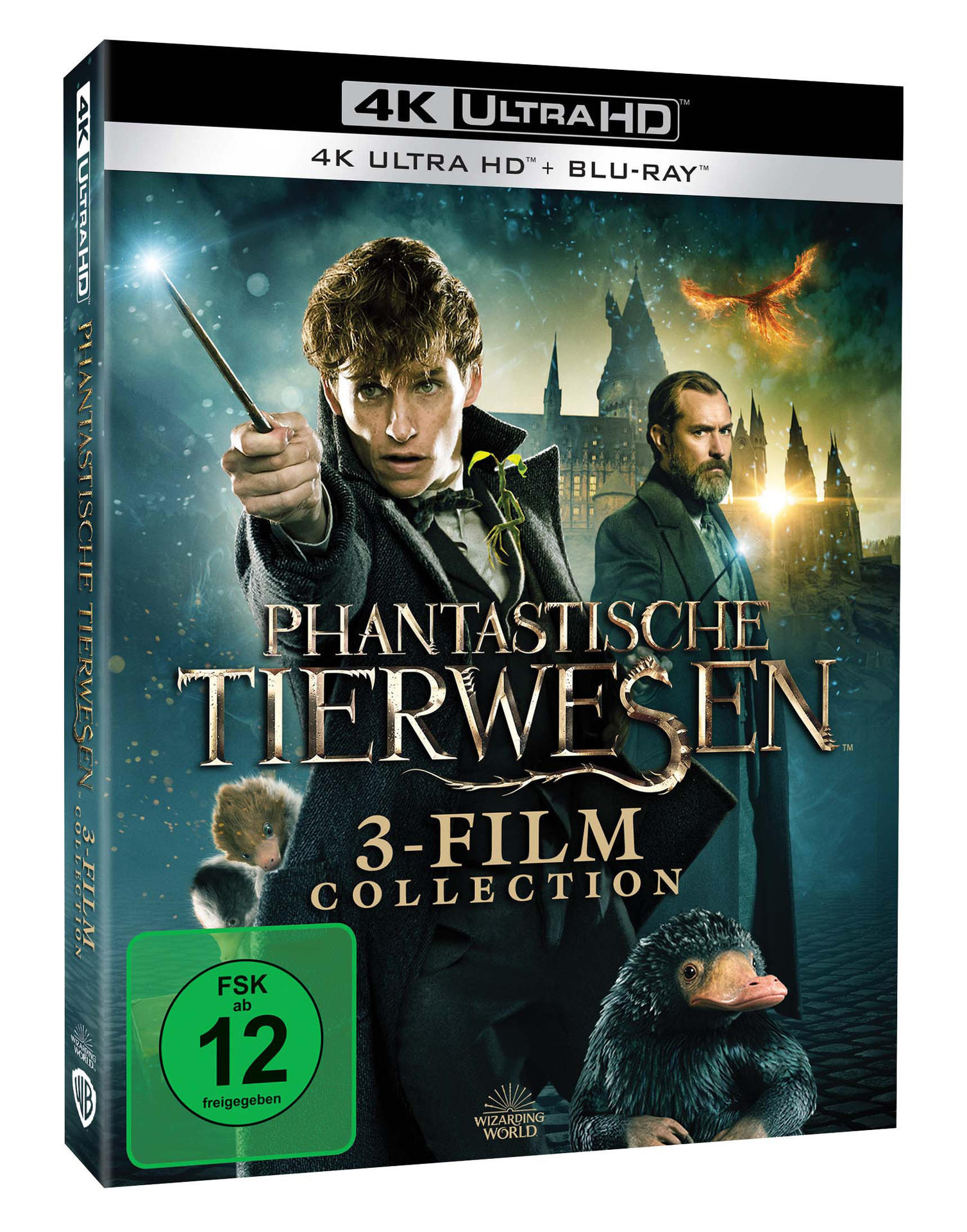 Filmcover für 'Phantastische Tierwesen'. Enthält Charaktere und den Titel auf Deutsch.