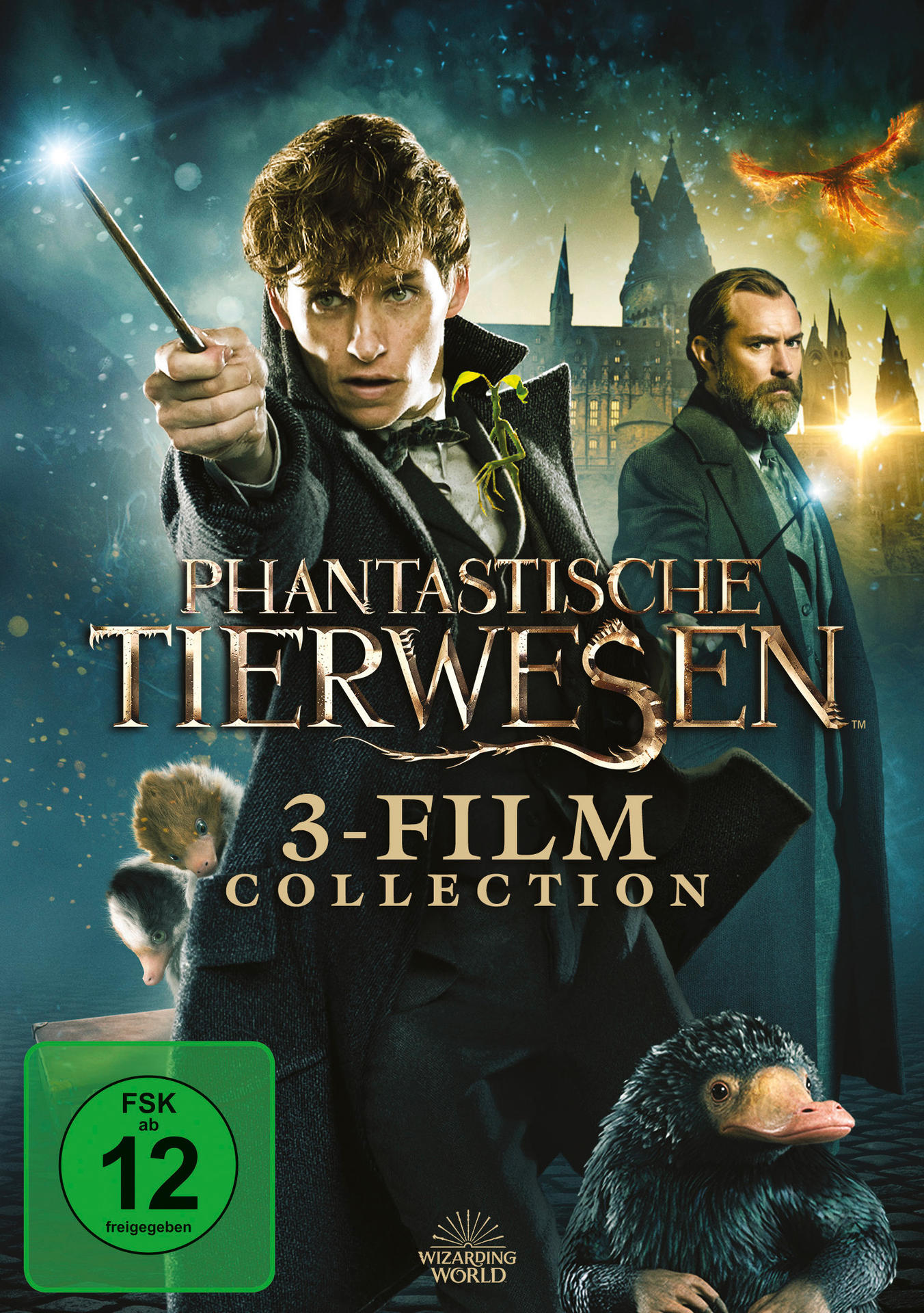 Phantastische Tierwesen 3-Film Collection DVD. Newt Scamander und Dumbledore sind auf dem Cover, dunkle Umgebung.