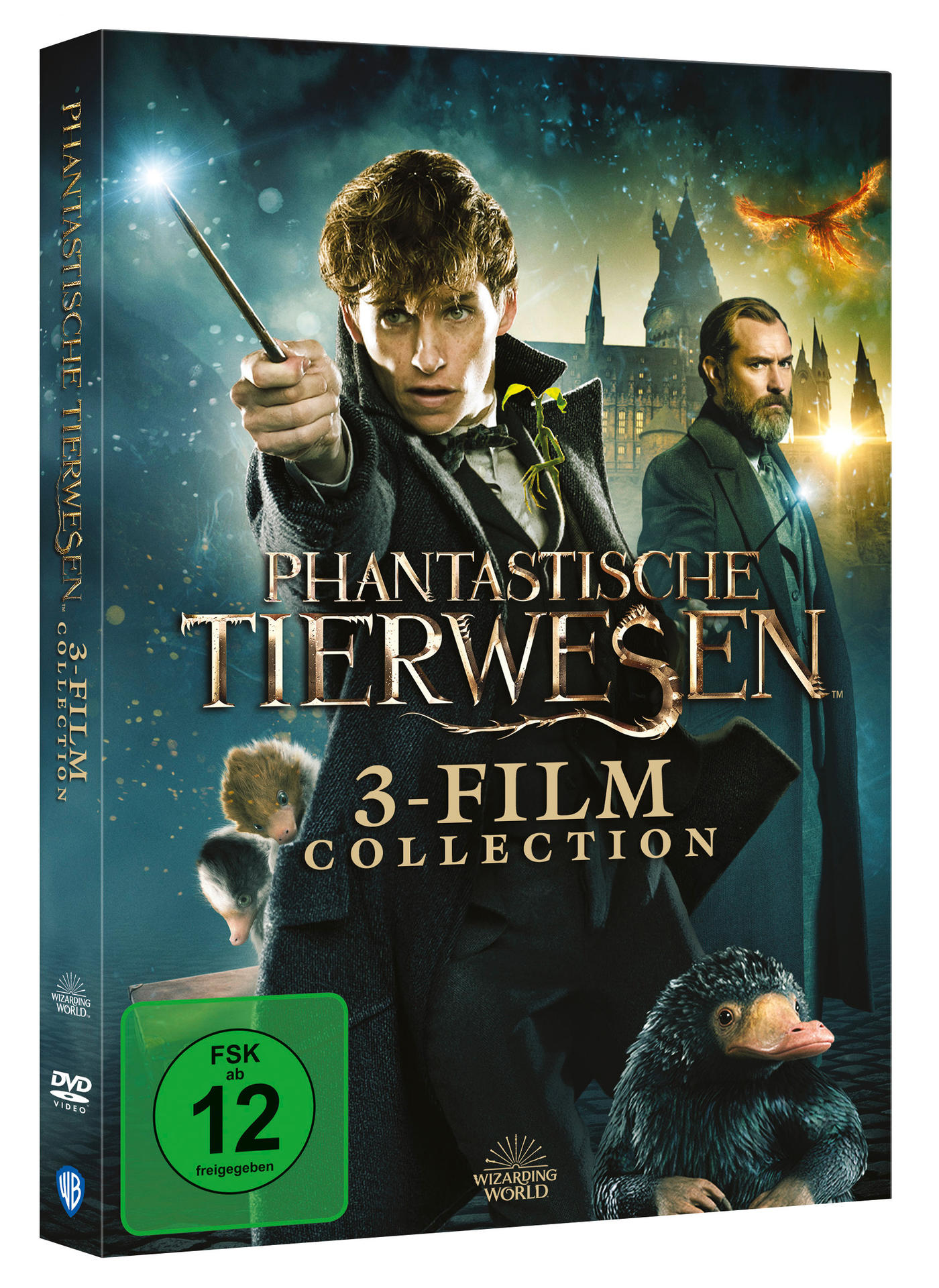 DVD-Boxset für 'Phantastische Tierwesen' 3-Film-Collection, mit einem Mann, der einen Zauberstab hält.
