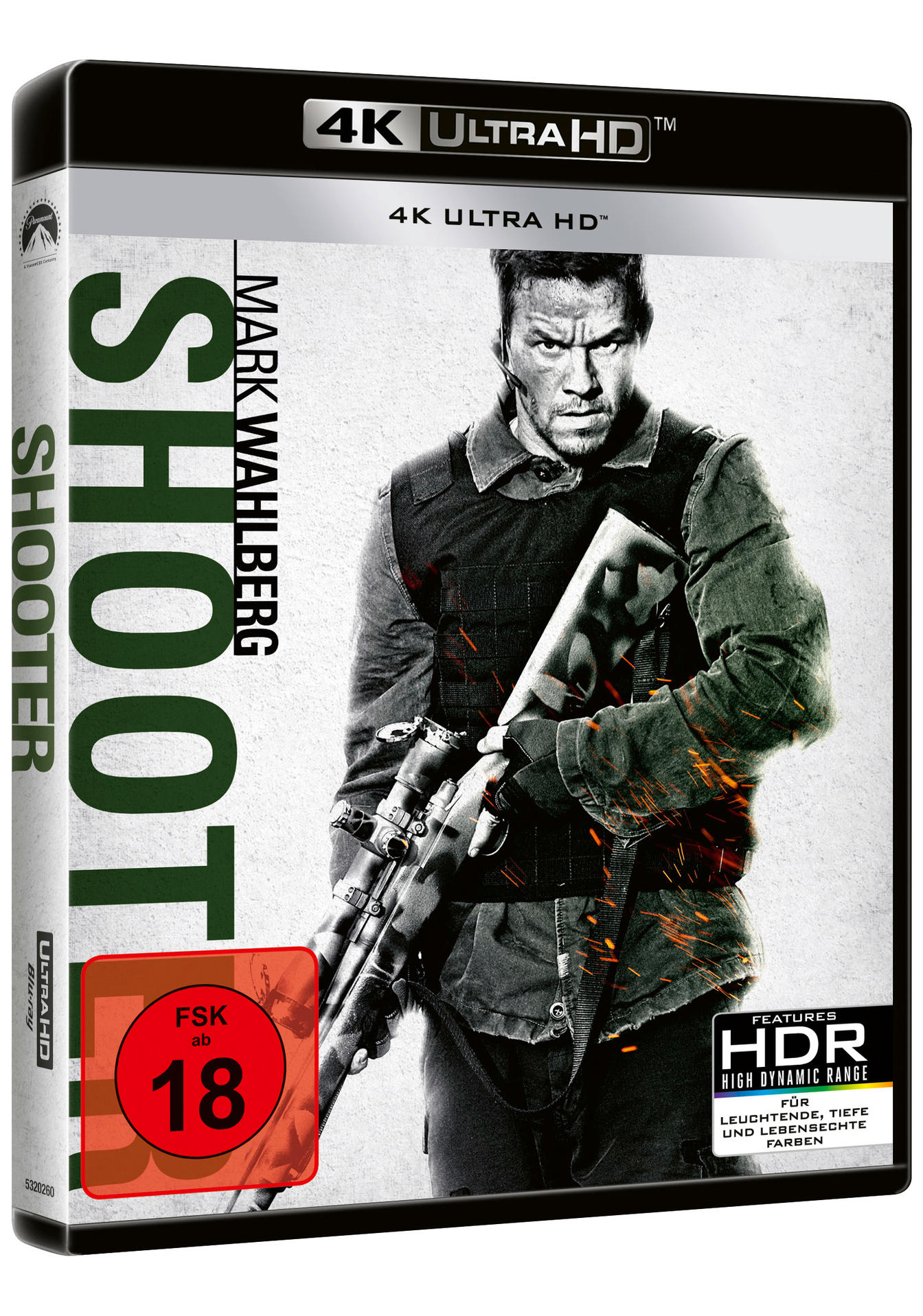 DVD-Hülle für 'Shooter' mit Mark Wahlberg mit einem Gewehr. Mit den Worten '4K Ultra HD'.