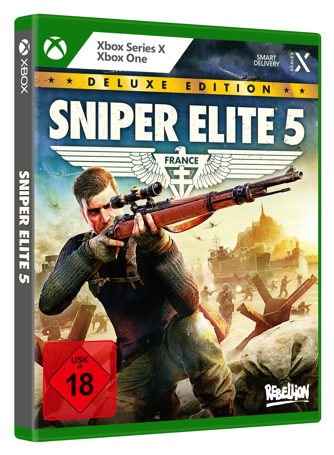 Xbox-Spielbox: Sniper Elite 5, mit einem Soldaten, der ein Gewehr anvisiert.