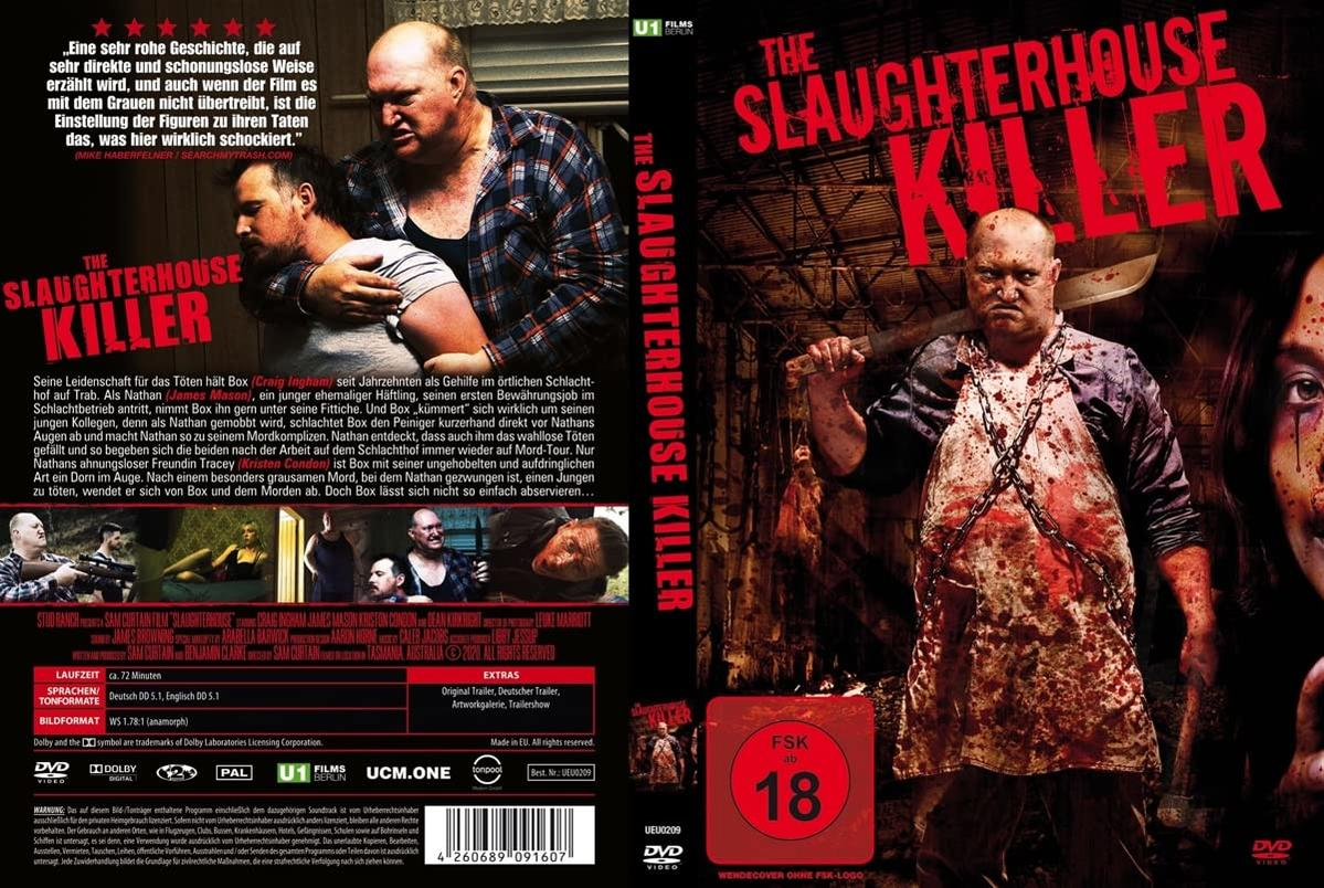 DVD-Cover eines Horrorfilms. Der Titel lautet 'The Slaughterhouse Killer' mit einem grausigen Bild.