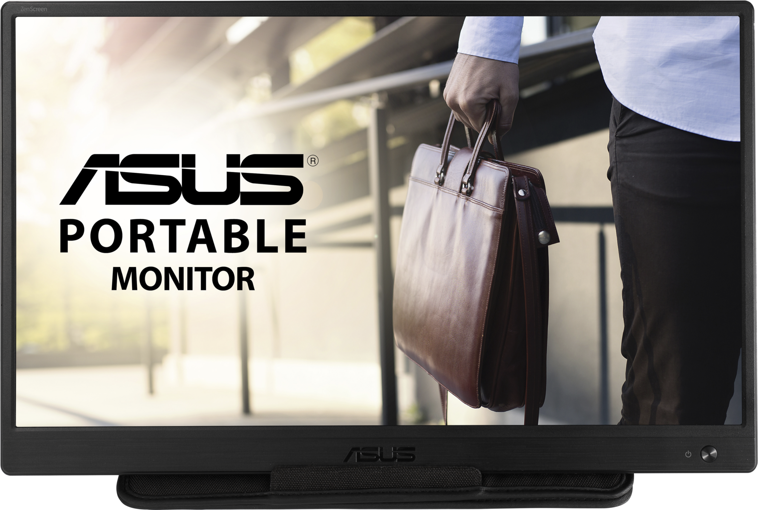 Schwarzer tragbarer ASUS-Monitor. Eine Person hält eine braune Aktentasche vor dem Bildschirm.