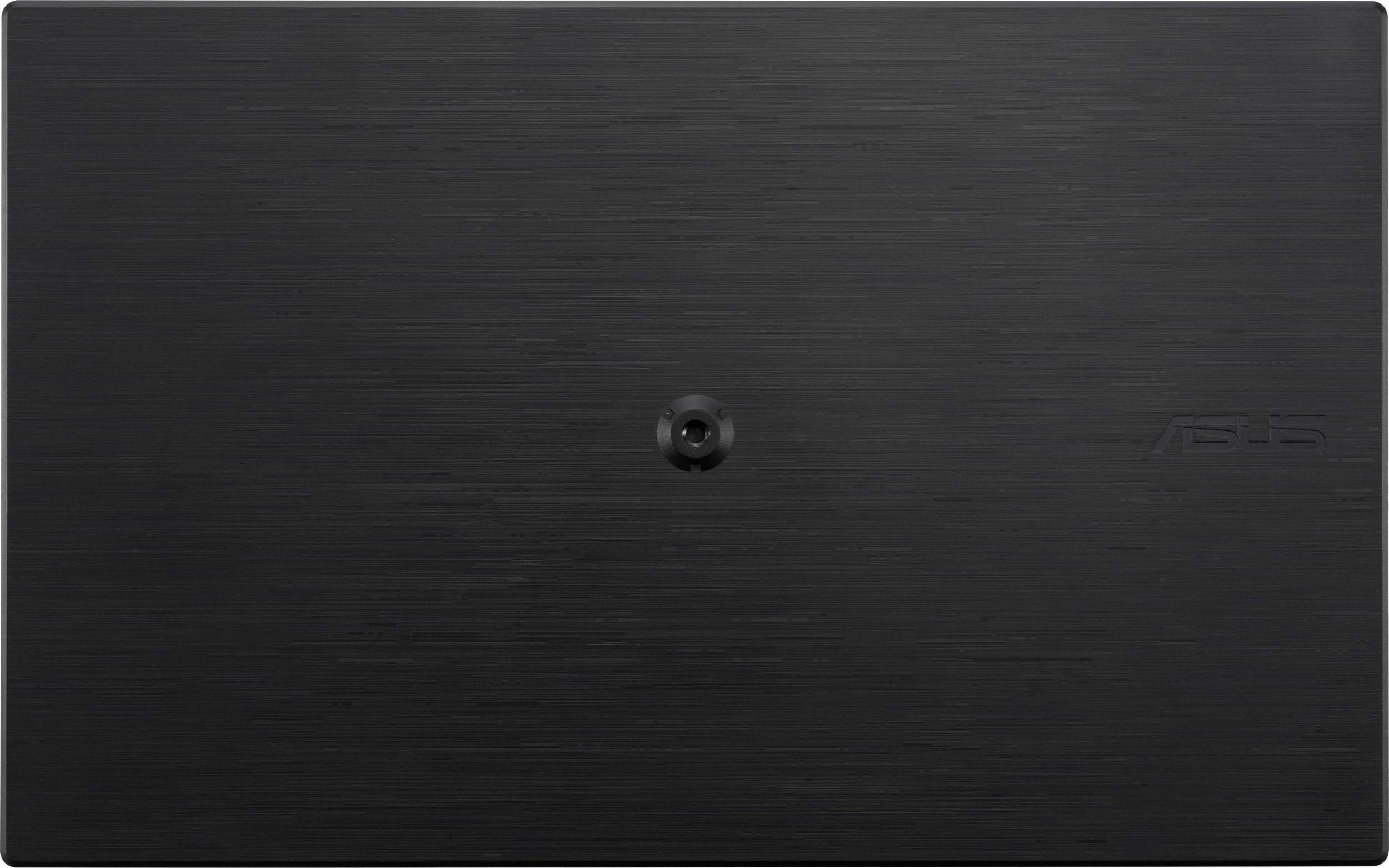Ein schwarzer Laptopdeckel mit dem ASUS-Logo und einem kleinen Loch.
