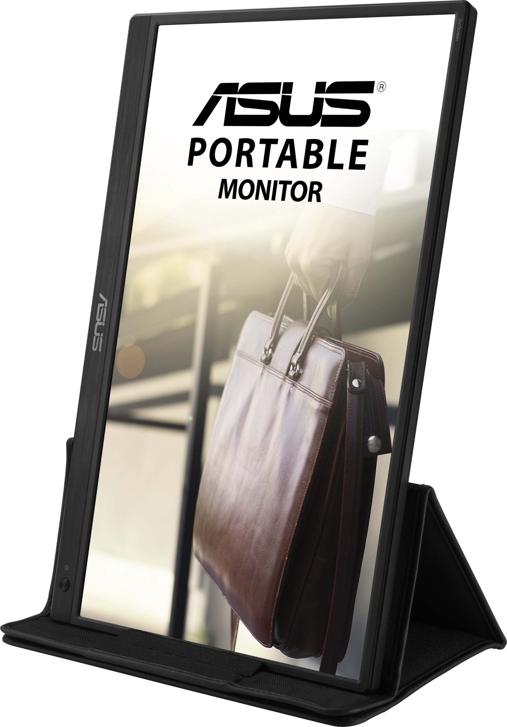 Ein tragbarer ASUS-Monitor mit einem Aktenkoffer, auf einem schwarzen Ständer.