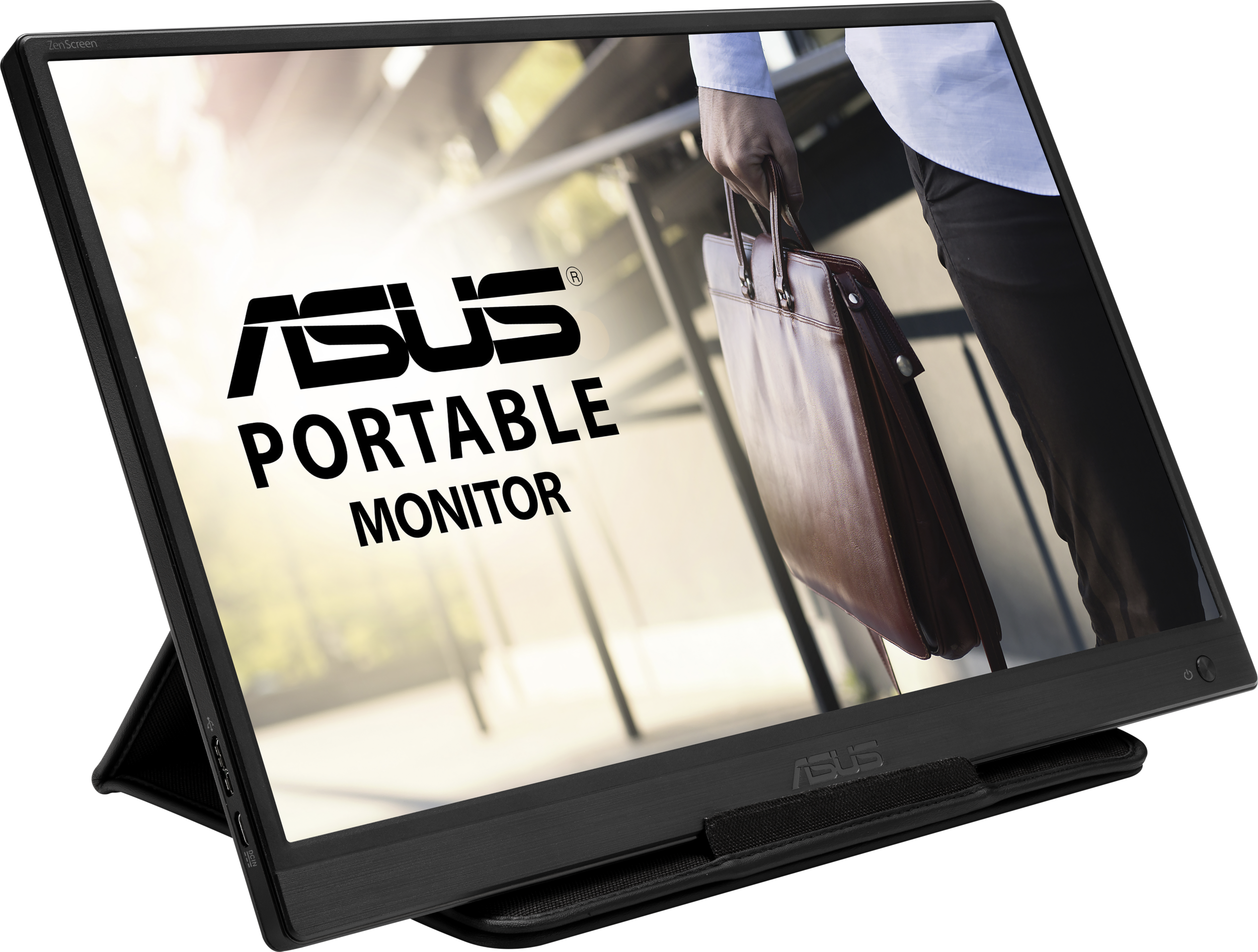 Ein tragbarer Monitor von Asus steht, der Bildschirm zeigt das Logo und den Text 'ASUS PORTABLE MONITOR'.