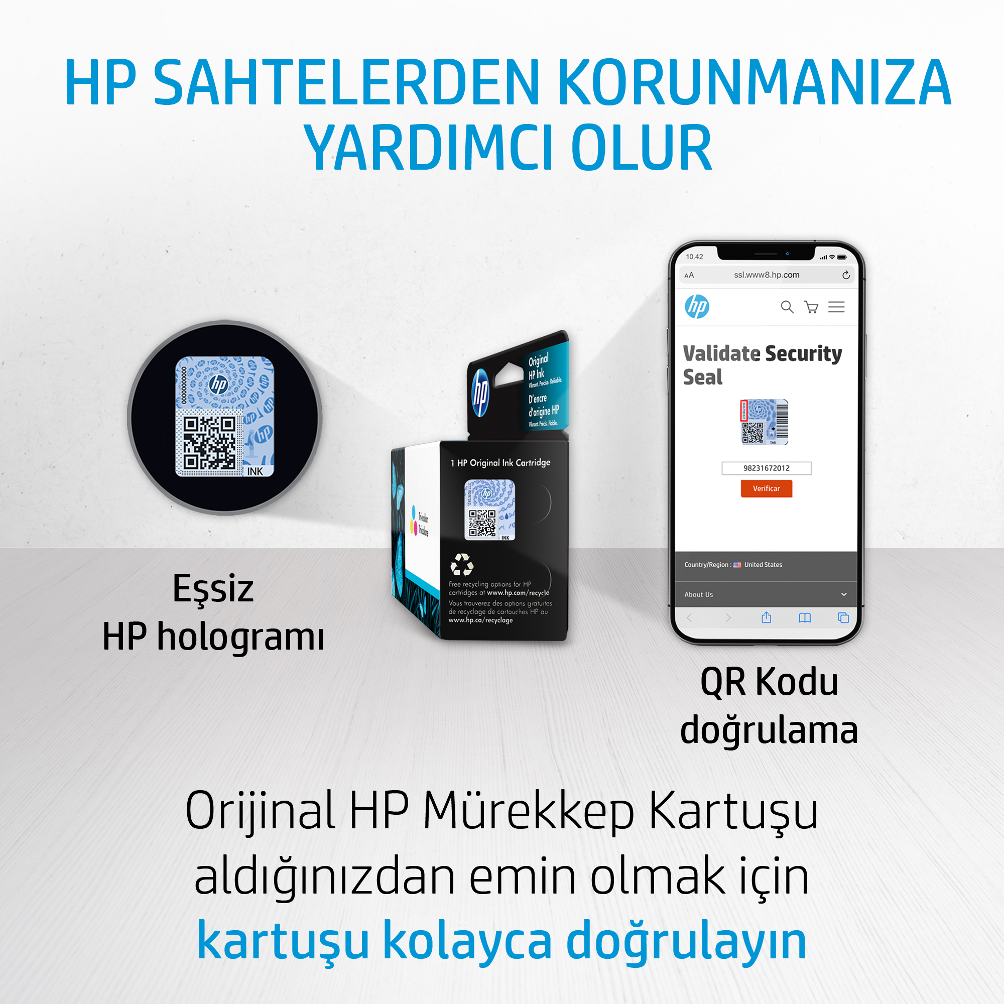 HP kartuş doğrulaması. Bir QR kodu ve hologram, telefon ekranı ile.