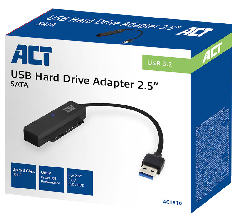 Egy USB merevlemez-adapter doboz. Látható az adapter, a kábel és a doboz szöveggel és logóval.