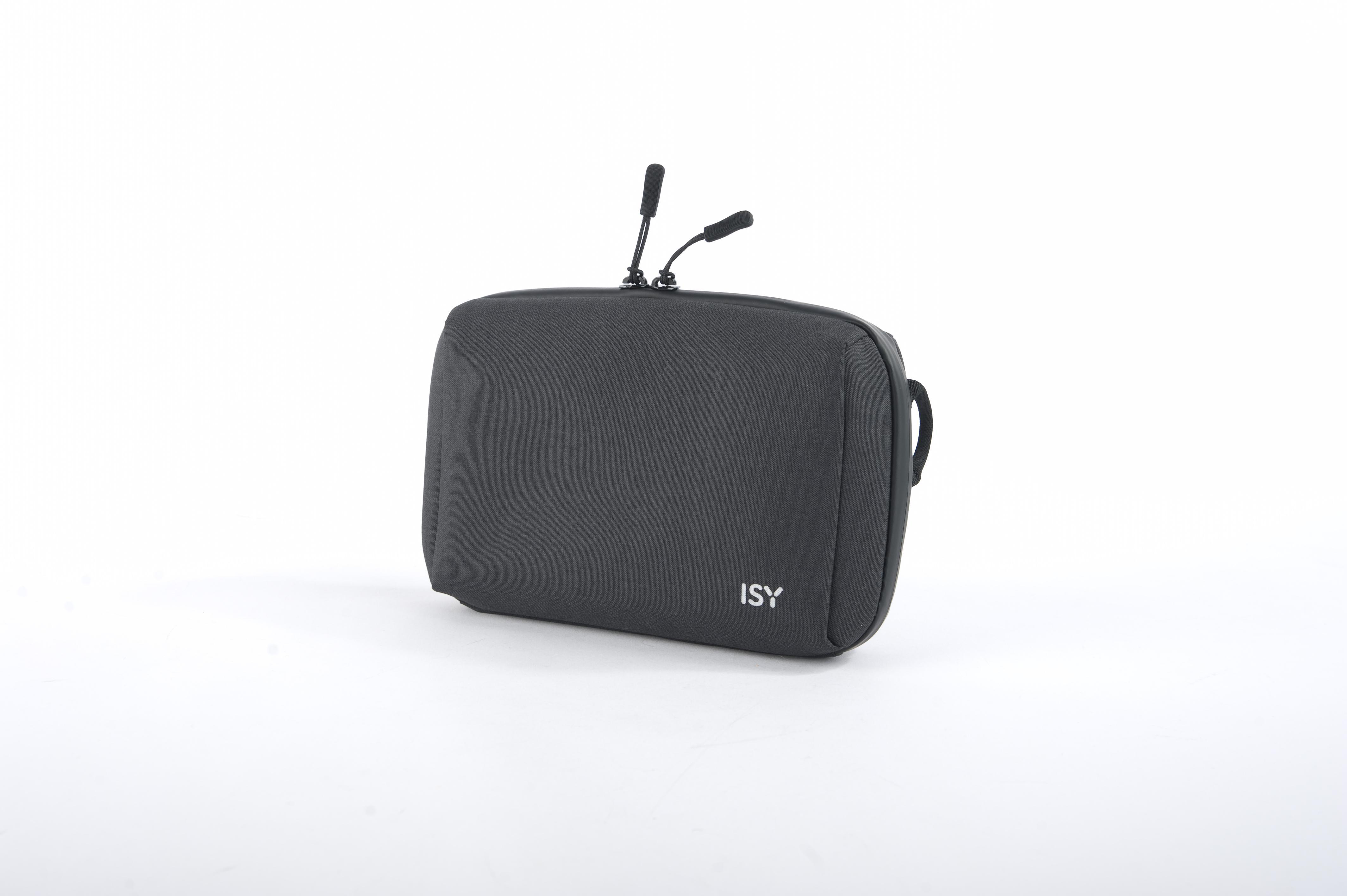 Graue rechteckige Tasche mit Reißverschluss oben und Griff an der Seite.