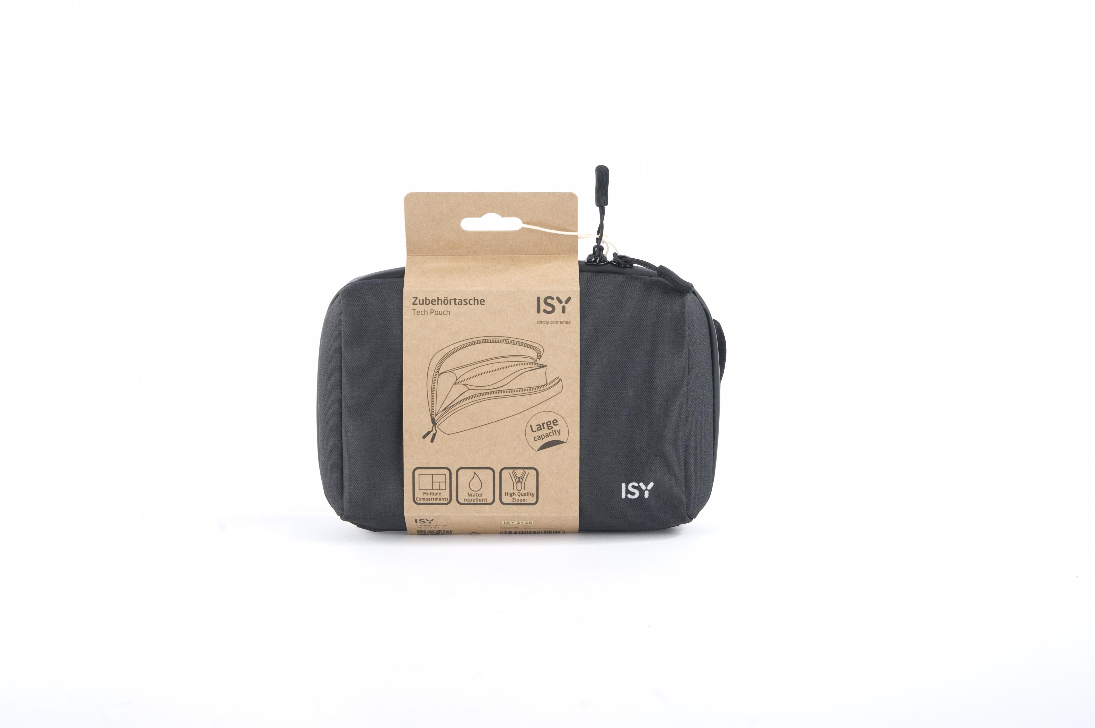 Dunkelgraue Reisetasche mit Etikett, auf weißem Hintergrund.