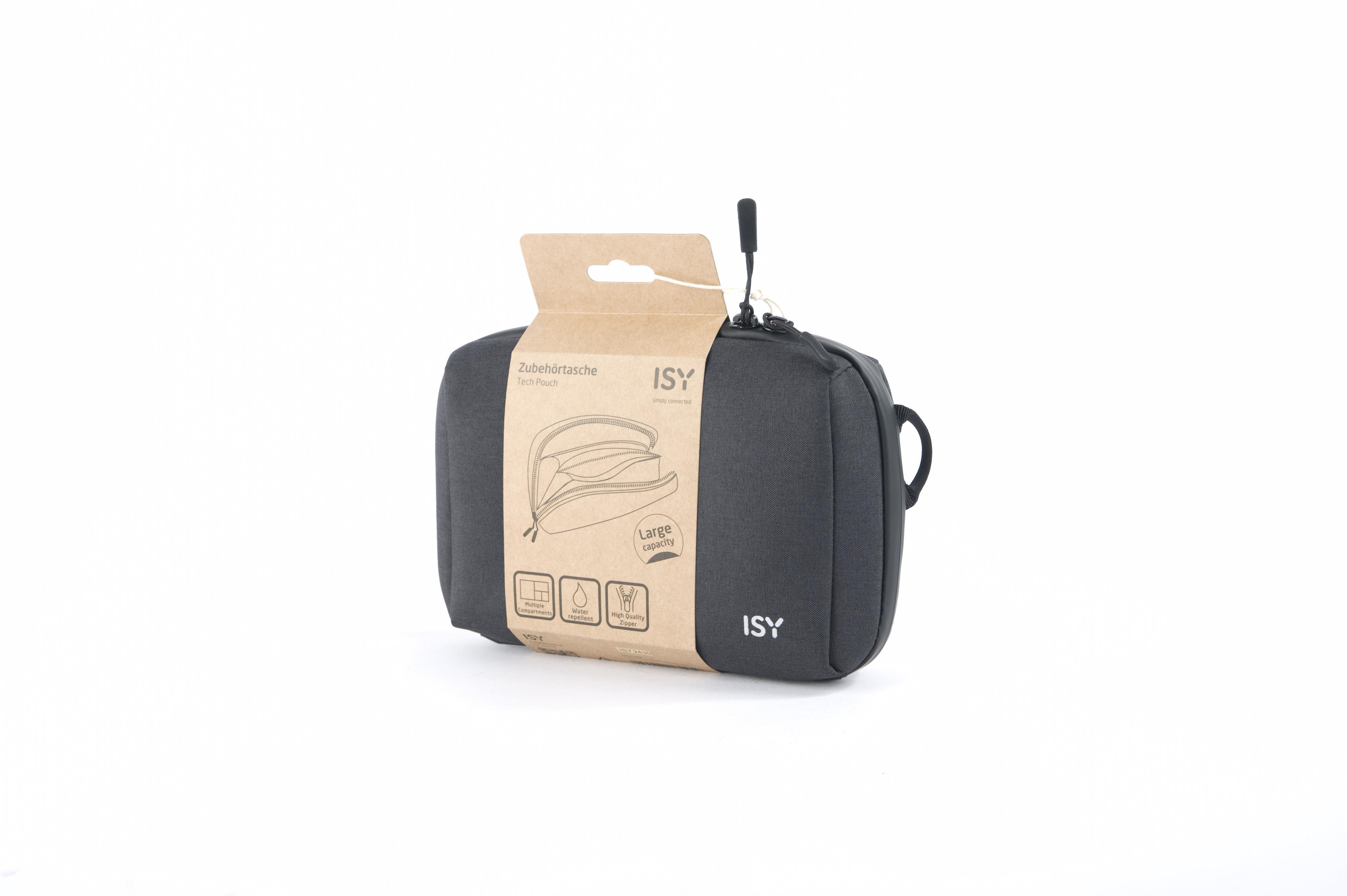 Schwarze ISY-Tasche mit Anhänger, für Zubehör, auf weißer Oberfläche.