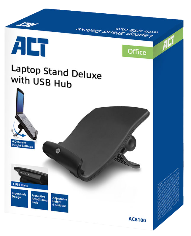 Laptop állvány doboza. A doboz az állványt, funkciókat és USB hub-ot mutat.