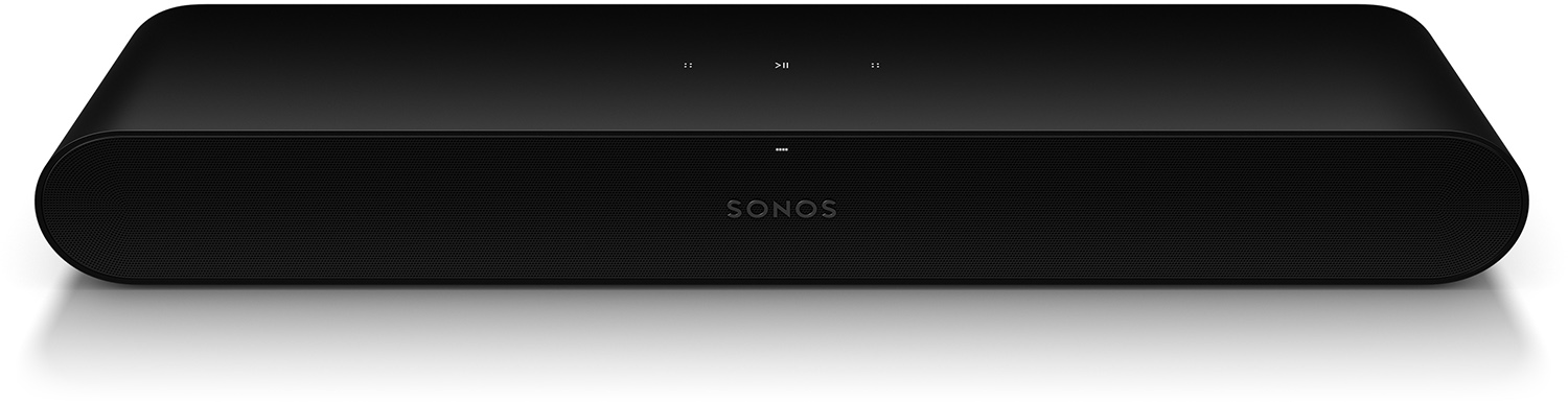Zwarte soundbar met Sonos-logo. Afspeel/pauze- en volumeknoppen bovenop. Witte achtergrond.