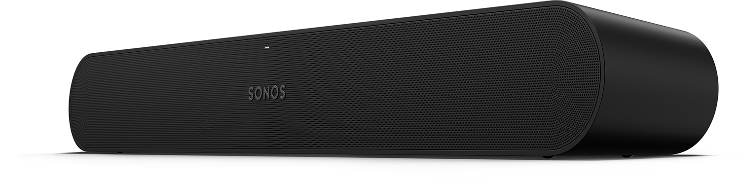 Zwarte Sonos soundbar op witte achtergrond, met het Sonos-logo.