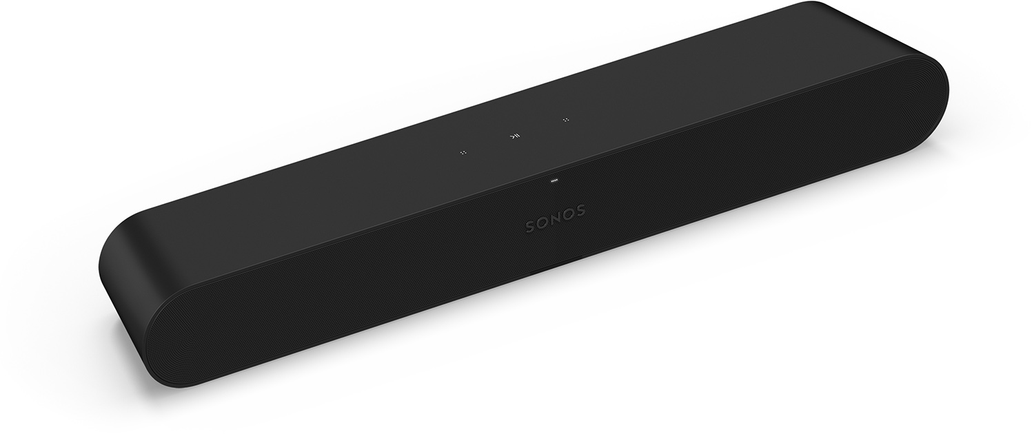 Een zwarte Sonos soundbar op een wit oppervlak.