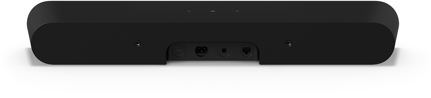 Zwarte soundbar met poorten aan de achterkant, onderaanzicht.