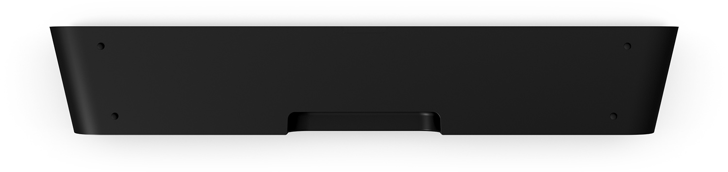 Een zwarte soundbar, bovenaanzicht. Hij heeft een handvat en wat gaten in het oppervlak.
