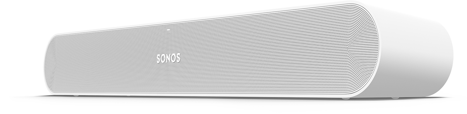 Witte soundbar met het SONOS-logo op een wit oppervlak. Het is een audioapparaat.