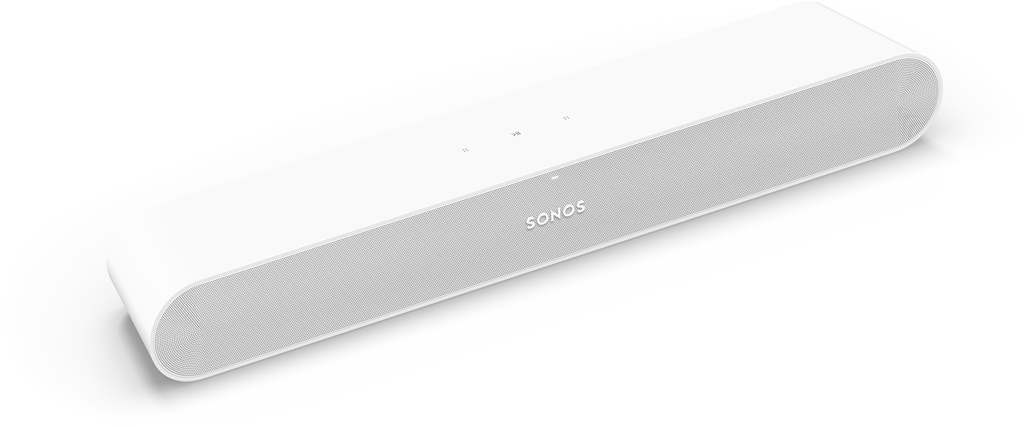 Witte Sonos soundbar. Rechthoekige vorm, luidsprekerrooster in het midden, knoppen bovenop.
