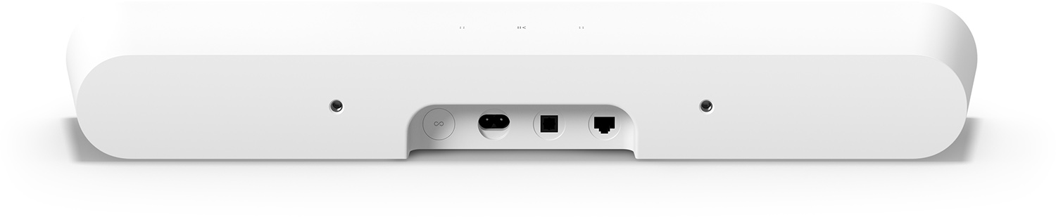 Achterkant van een witte soundbar met poorten.