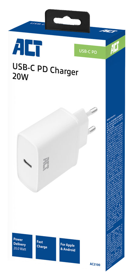 Fehér töltődoboz szöveggel: ACT USB-C PD Charger 20W, USB-C porttal.